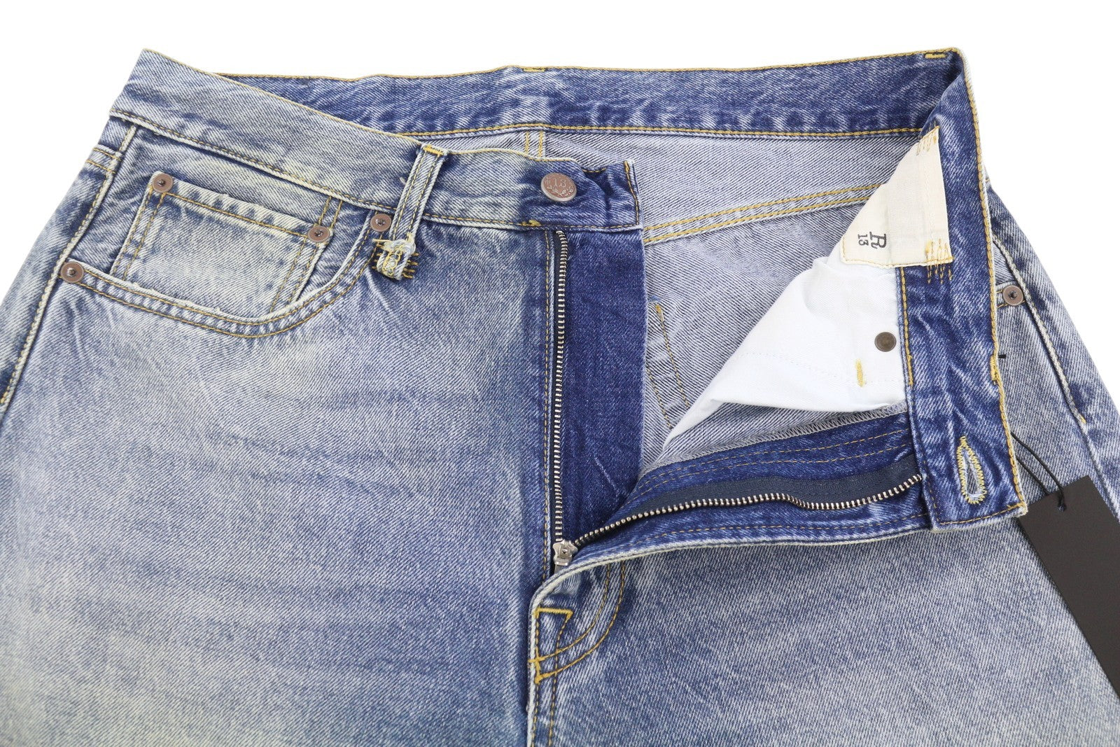 R13 Cuffed X-BF moteriški džinsai su rankogaliais, 32 Jasper Straight Fit, ūsai, išblukintas džinsas, FW25 