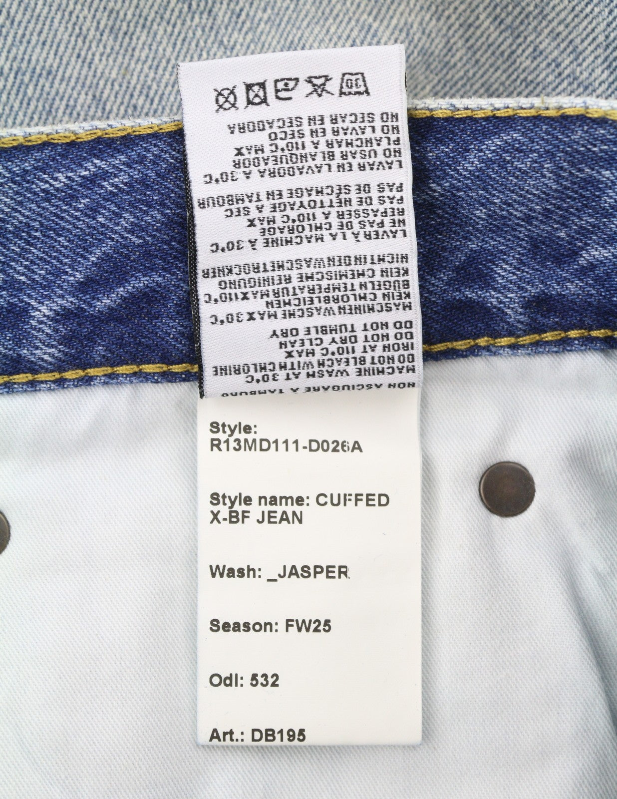 R13 Cuffed X-BF moteriški džinsai su rankogaliais, 32 Jasper Straight Fit, ūsai, išblukintas džinsas, FW25 