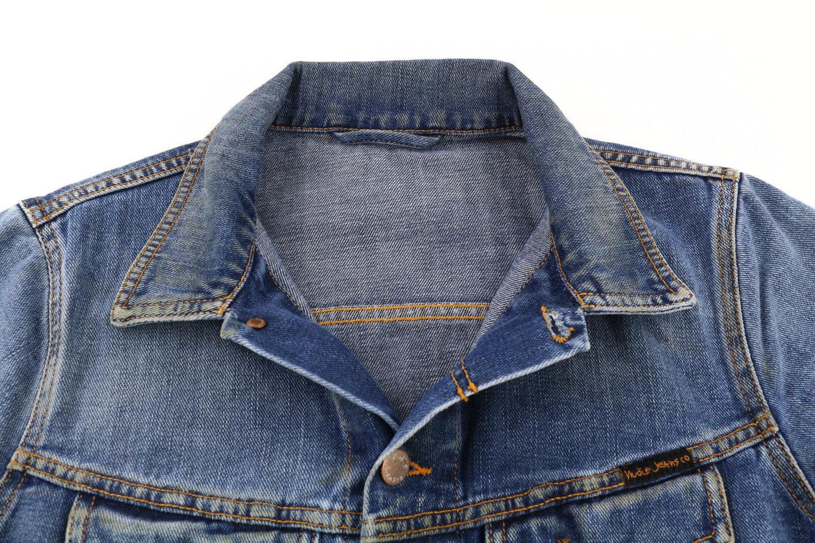 NUDIE JEANS Terry Natural Worn vyriški S dydžio mėlyni išblukinti džinsiniai polo kakleliai be pamušalo 