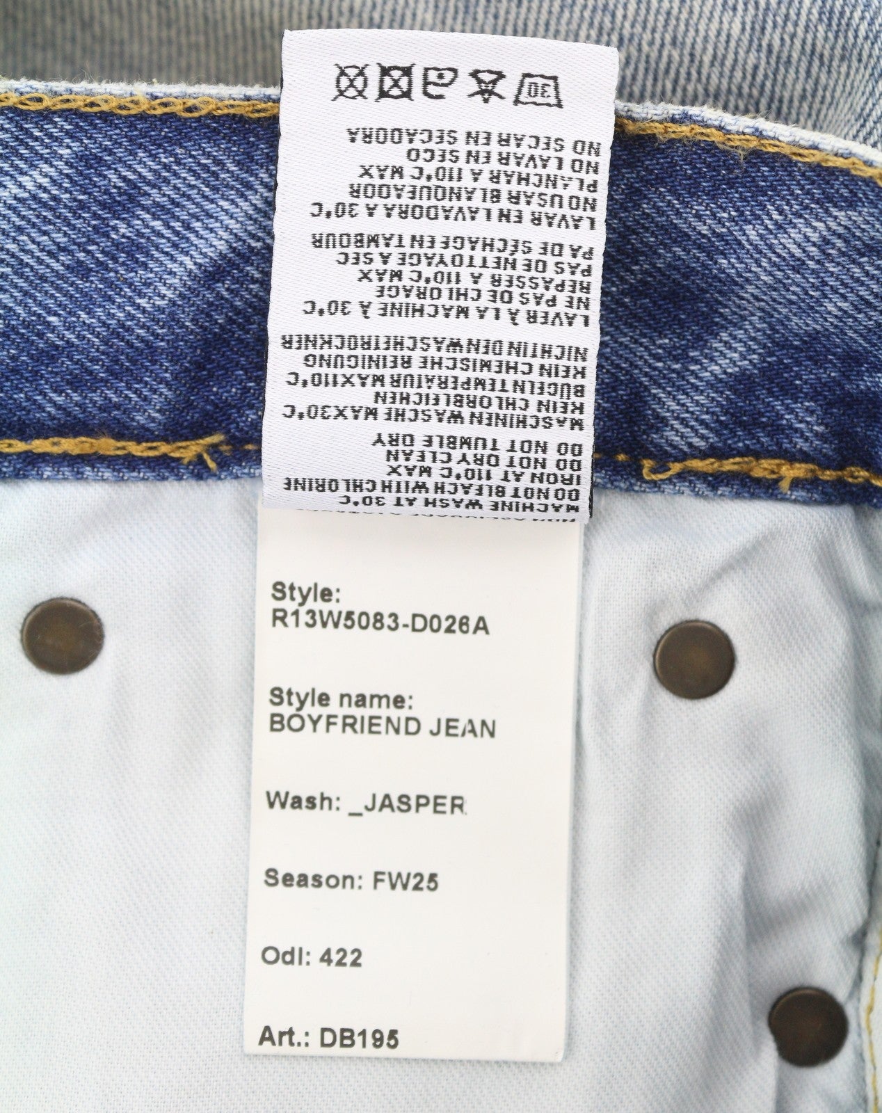 R13 Boyfriend Women Jeans 28 Jasper Whiskers Washed Cropped Blue FW25 RRP699