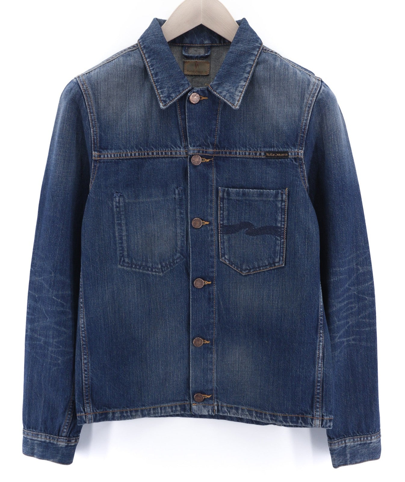 NUDIE JEANS Ronny Worn Authentic Men's XS Faded Polo Denim Trucker Jacket