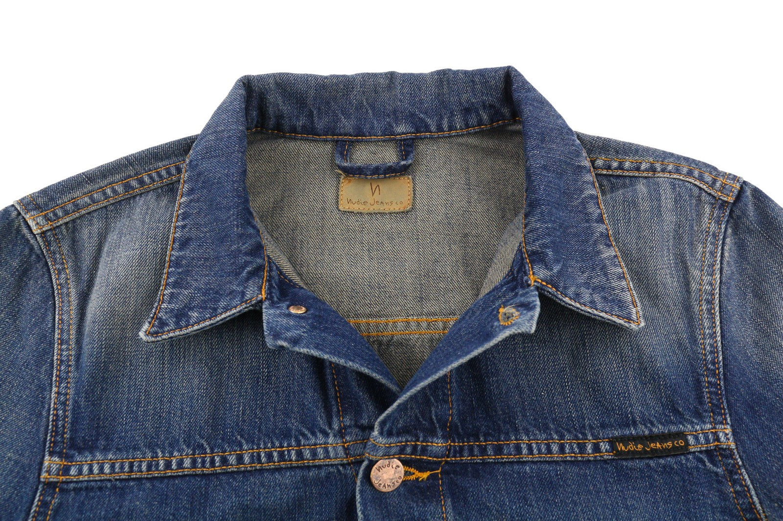 NUDIE JEANS Ronny Worn Authentic Men's XS Faded Polo Denim Trucker Jacket