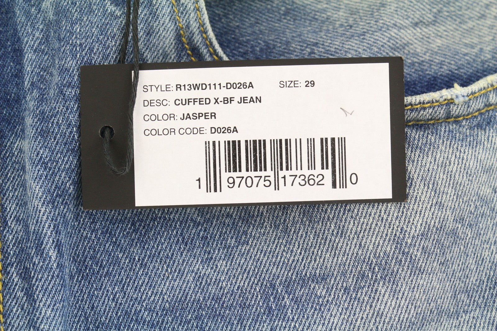 R13 Cuffed X-BF moteriški džinsai su rankogaliais, 29 Jasper Straight Fit, ūsai, išblukusi mėlyna, PF25 