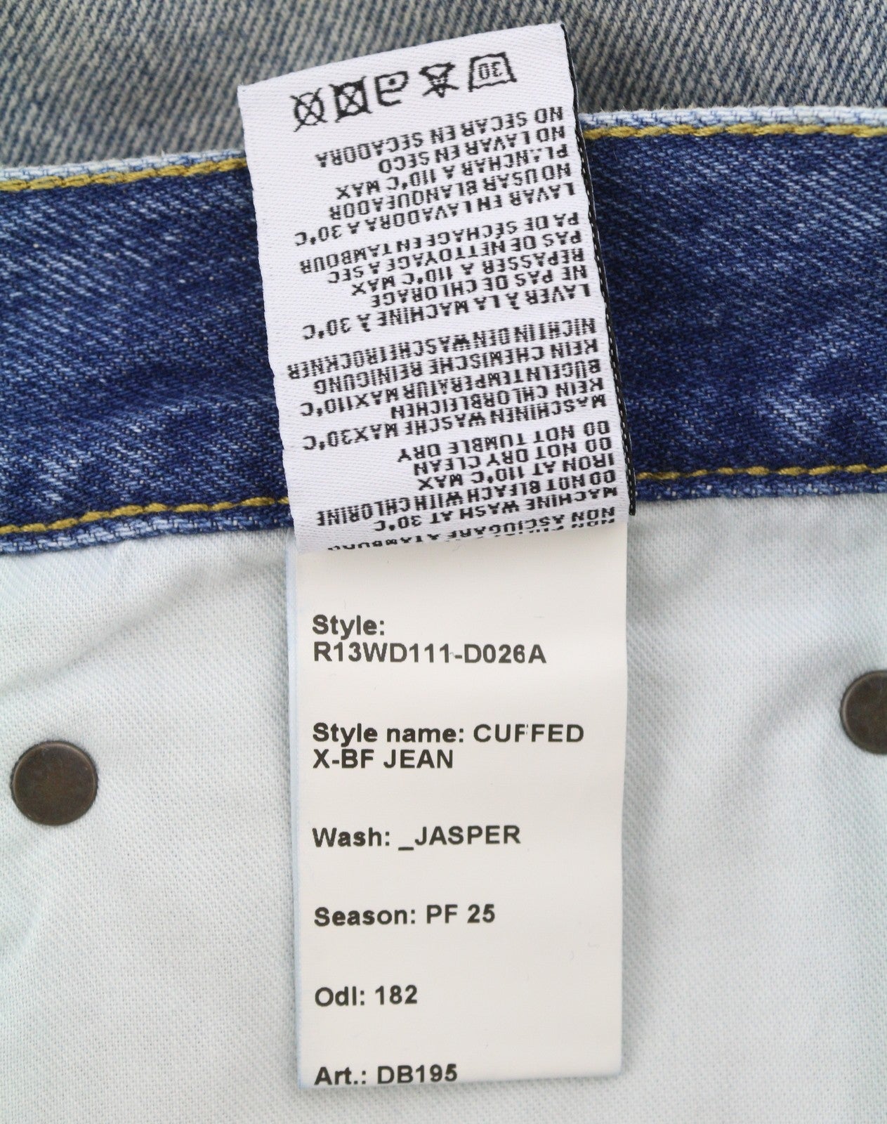 R13 Cuffed X-BF moteriški džinsai su rankogaliais, 29 Jasper Straight Fit, ūsai, išblukusi mėlyna, PF25 