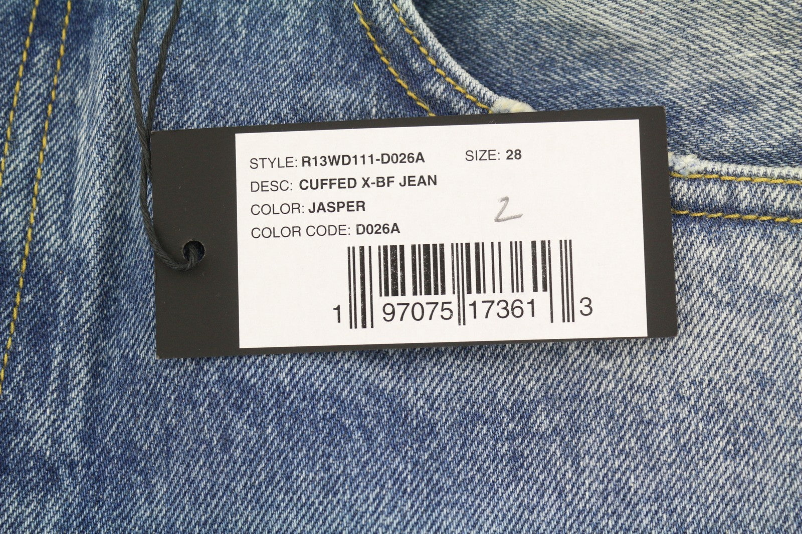 R13 Cuffed X-BF moteriški džinsai su rankogaliais, 28 Jasper Straight Fit, ūsai, išblukusi mėlyna, PF25 