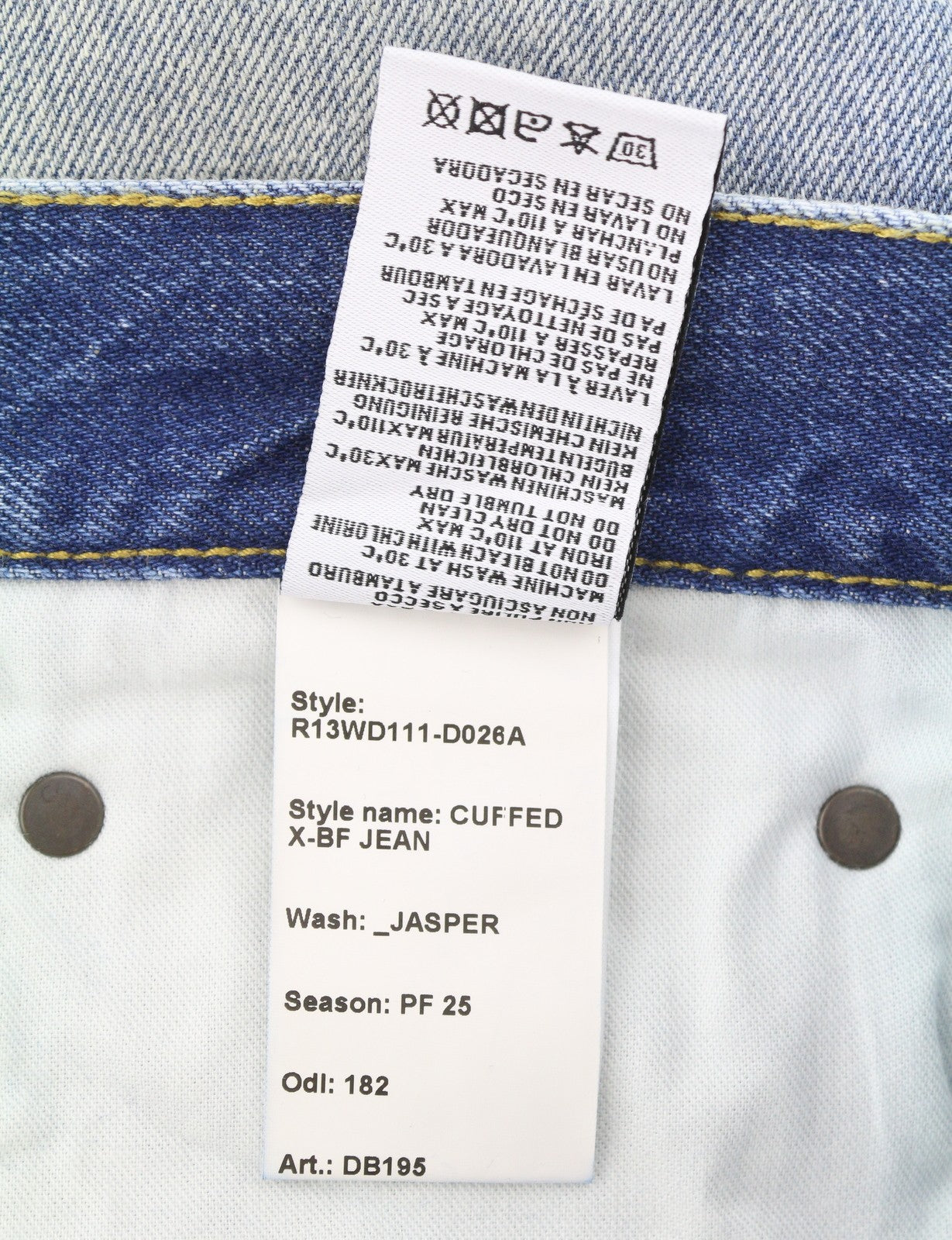 R13 Cuffed X-BF moteriški džinsai su rankogaliais, 28 Jasper Straight Fit, ūsai, išblukusi mėlyna, PF25 