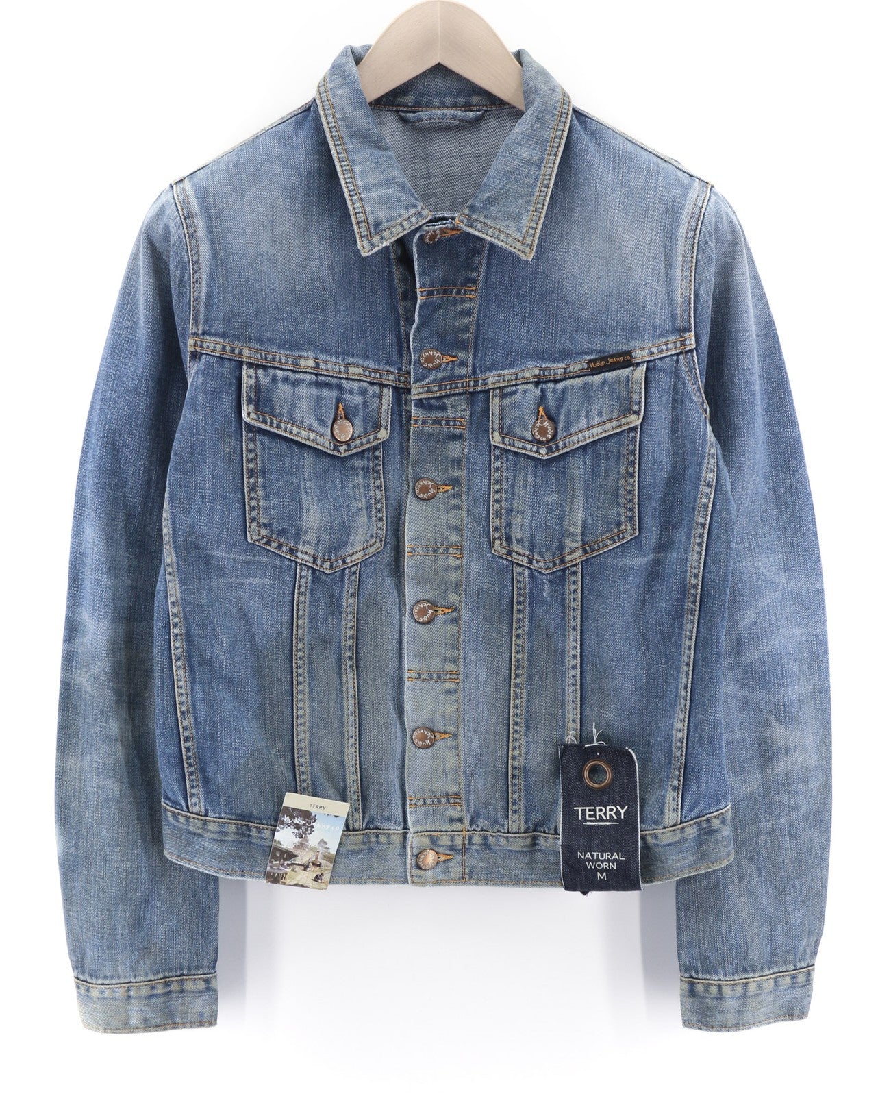 NUDIE JEANS Terry Natural Worn Men's M Blue Faded Denim Polo Button Jacket