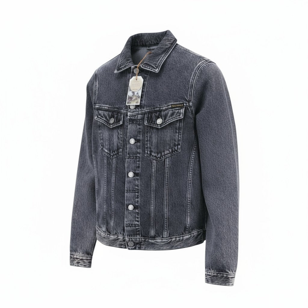 NUDIE JEANS Billy Grey Stardust Men's S Faded Denim Polo Neck Jacket