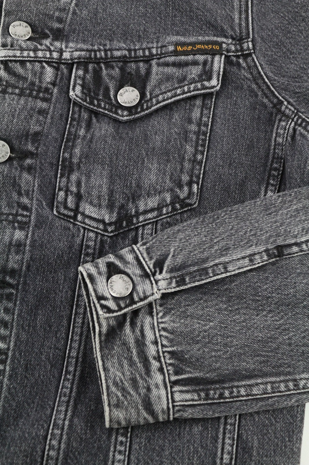 NUDIE JEANS Billy Grey Stardust vyriški S dydžio džinsiniai batai su sagomis ir kišenėmis be pamušalo 