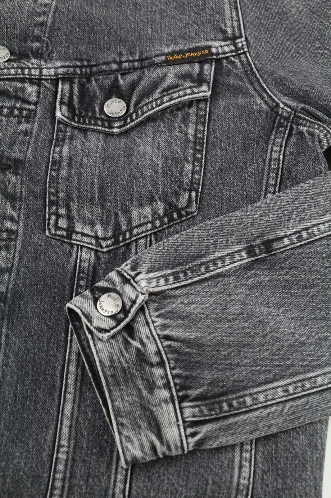 NUDIE JEANS Billy Grey Stardust vyriški polo kaklelio džinsiniai džinsai su sagomis ir pamušalu M dydžio 