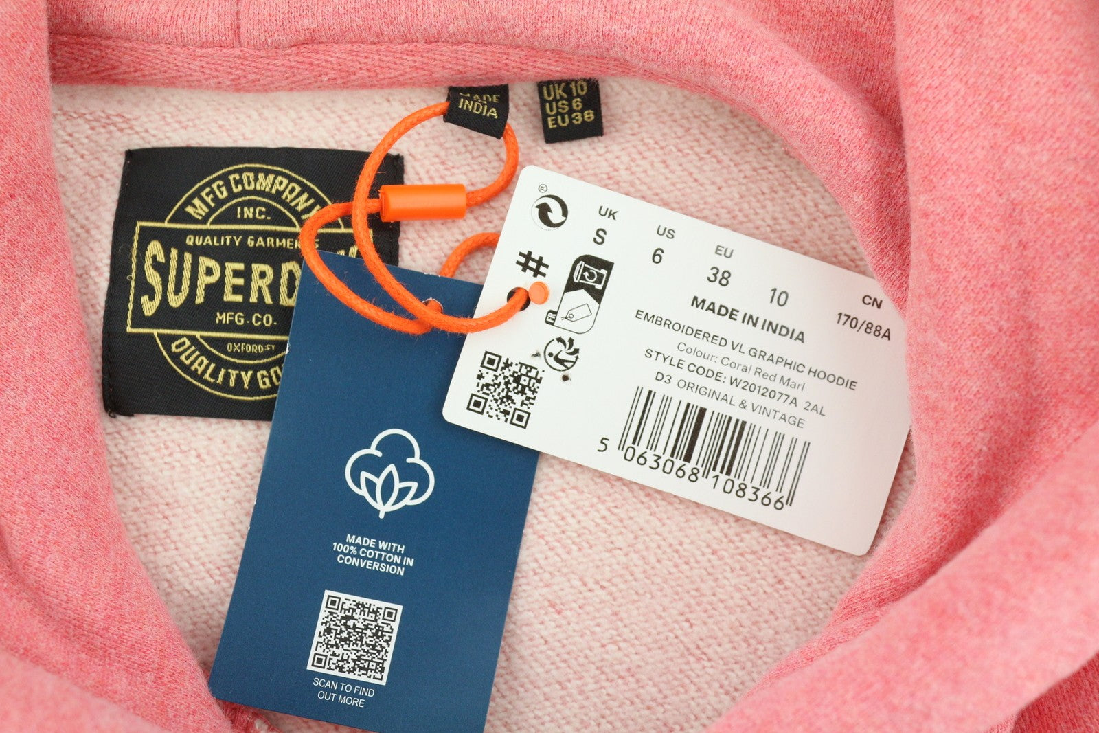 SUPERDRY Embroidered VL Graphic Women Hoodie EU38 Melange Pink Kangaroo Pullover