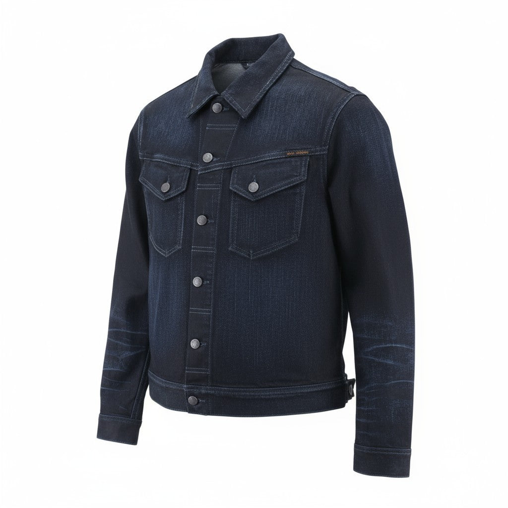 NUDIE JEANS Conny Org. Black On Indigo Men's S Faded Denim Polo Button