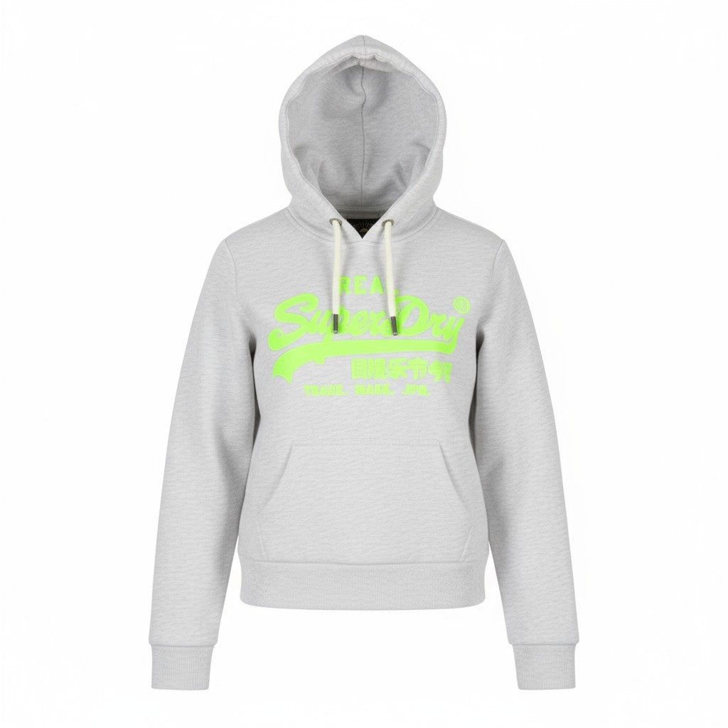 SUPERDRY Neon VL Graphic Women Hoodie EU38 Melange Grey Kangaroo Logo Pullover
