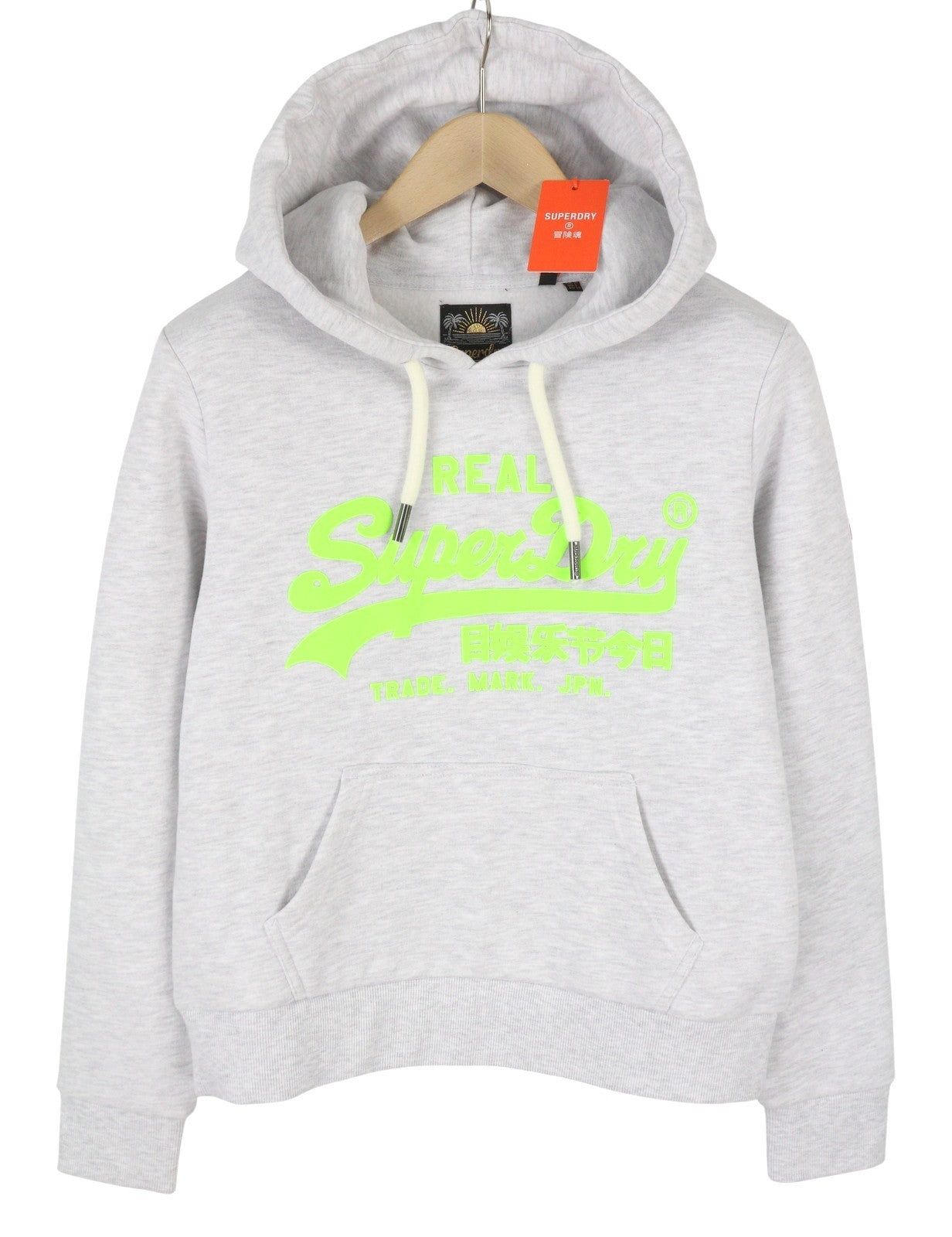 SUPERDRY Neon VL Graphic Women Hoodie EU38 Melange Grey Kangaroo Logo Pullover