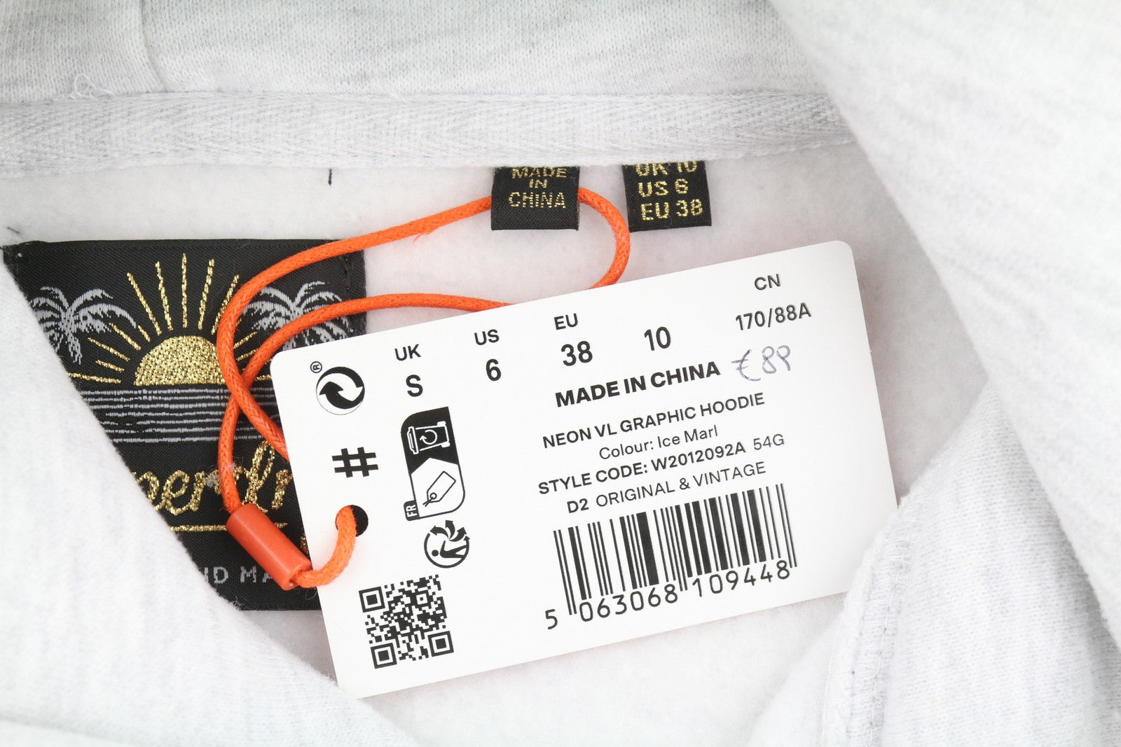 SUPERDRY Neon VL Graphic moteriškas džemperis su gobtuvu, 38 dydžio, melanžo pilkos spalvos, su kengūros logotipu 