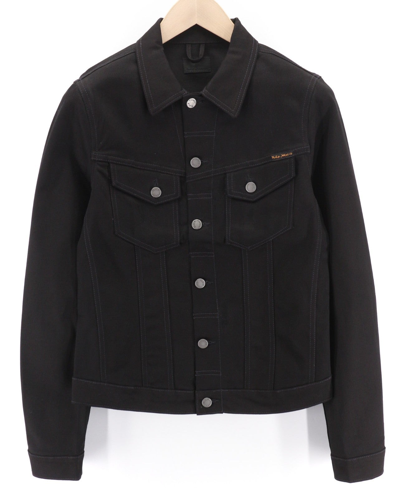 NUDIE JEANS Men's S Black Denim Polo Neck Unlined Button Jacket Logo