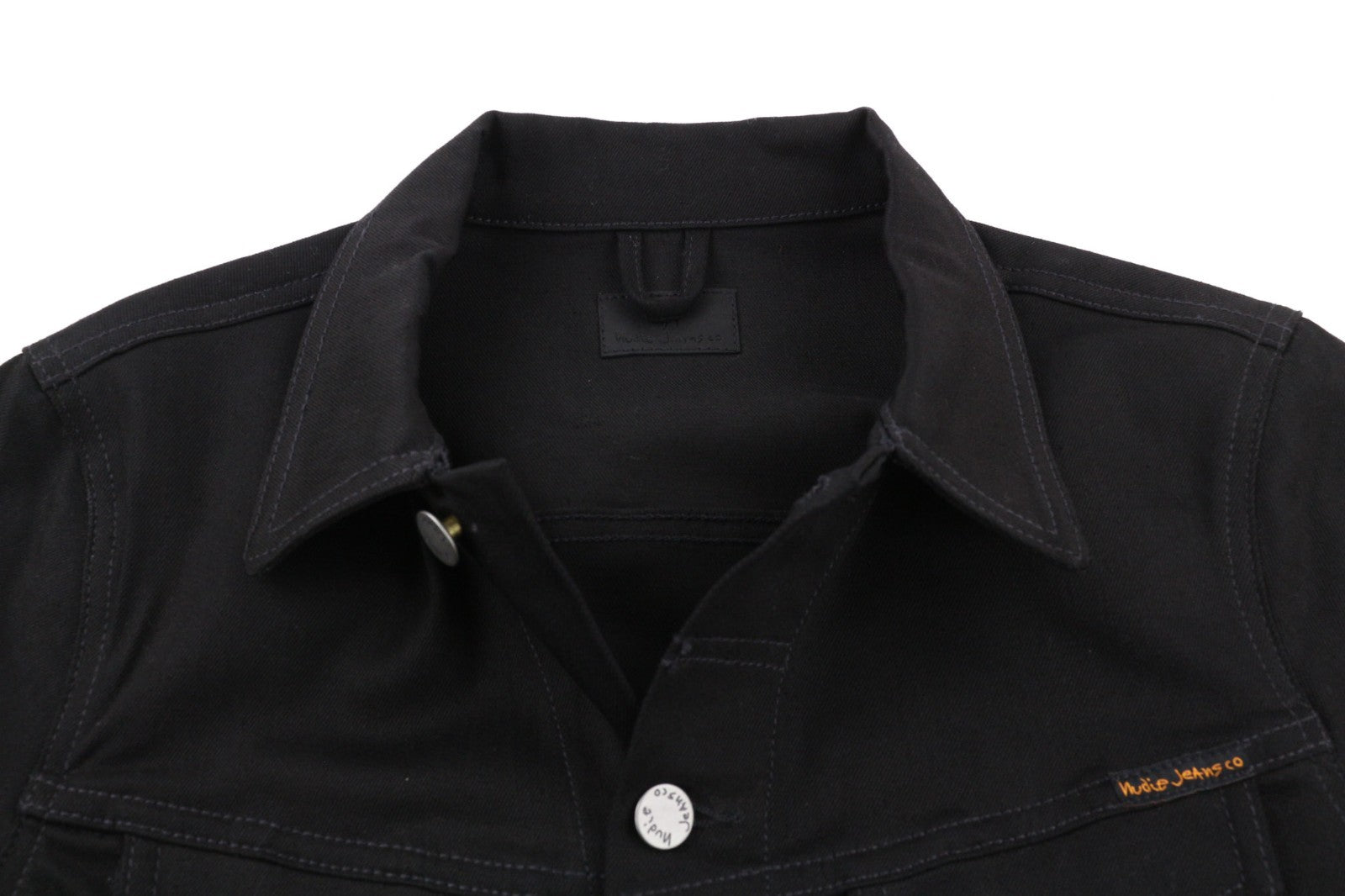 NUDIE JEANS Men's S Black Denim Polo Neck Unlined Button Jacket Logo