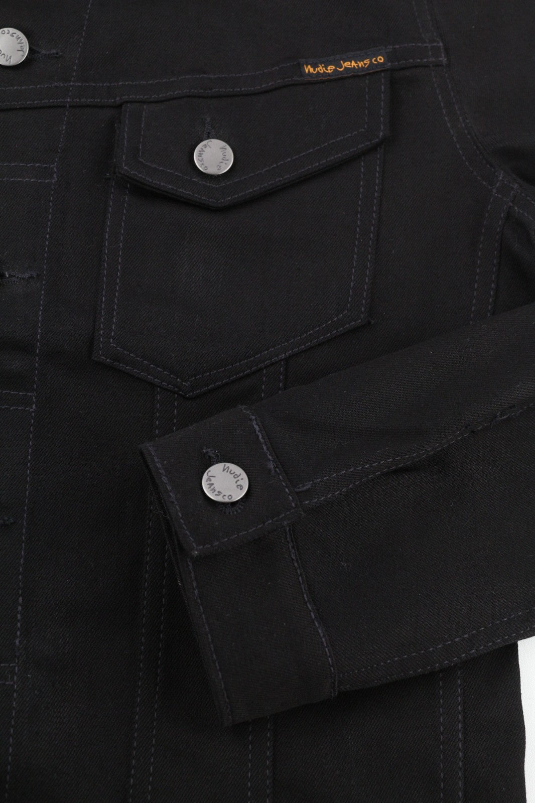 NUDIE JEANS Men's S Black Denim Polo Neck Unlined Button Jacket Logo