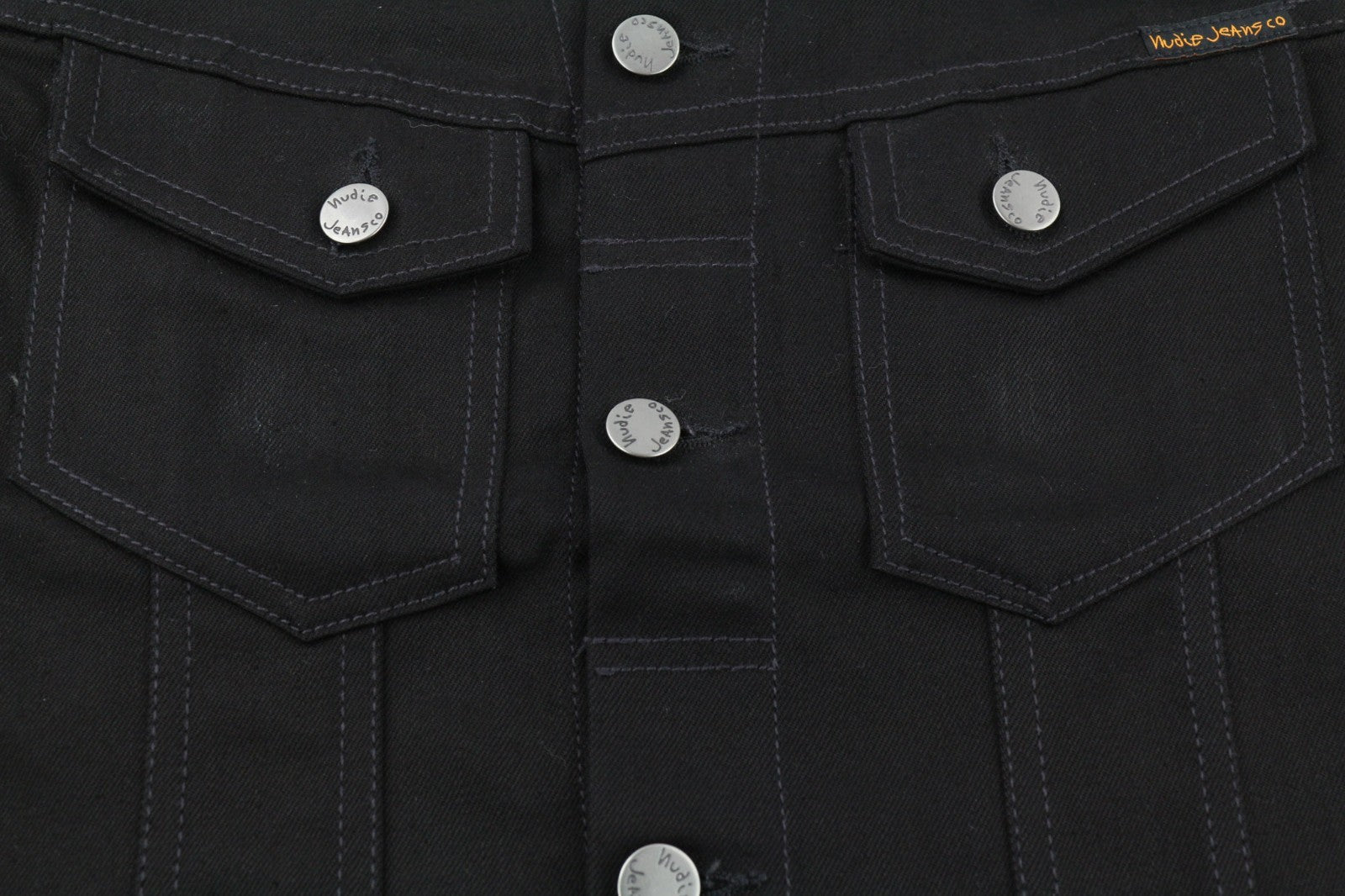 NUDIE JEANS Men's S Black Denim Polo Neck Unlined Button Jacket Logo
