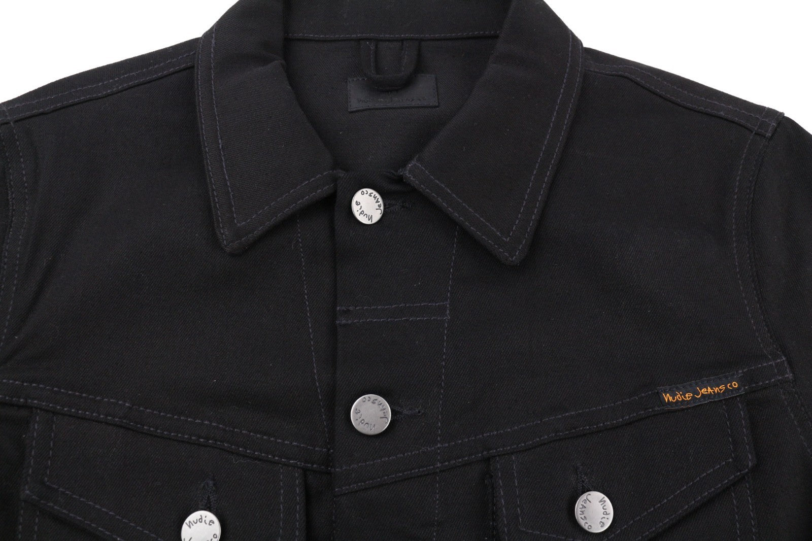 NUDIE JEANS Men's S Black Denim Polo Neck Unlined Button Jacket Logo