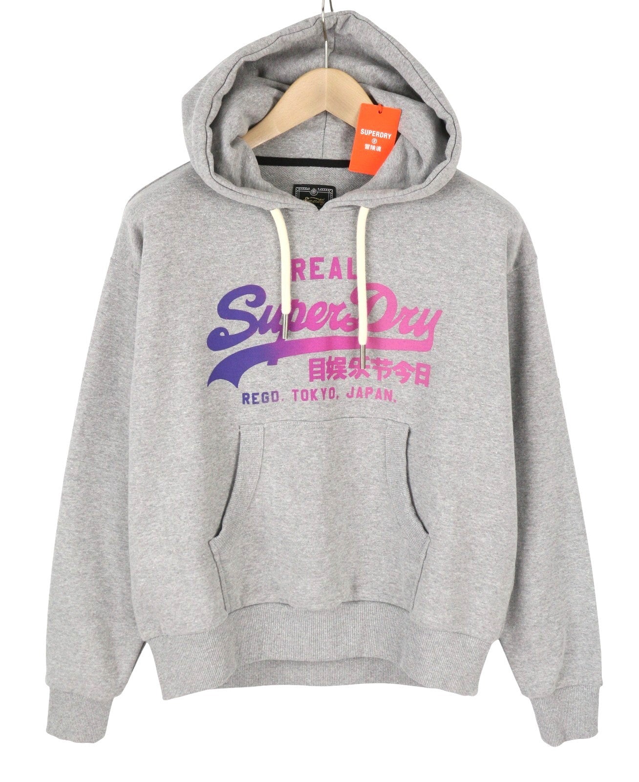 SUPERDRY Tonal VL Graphic Women Hoodie EU38 Melange Grey Kangaroo Logo Pullover