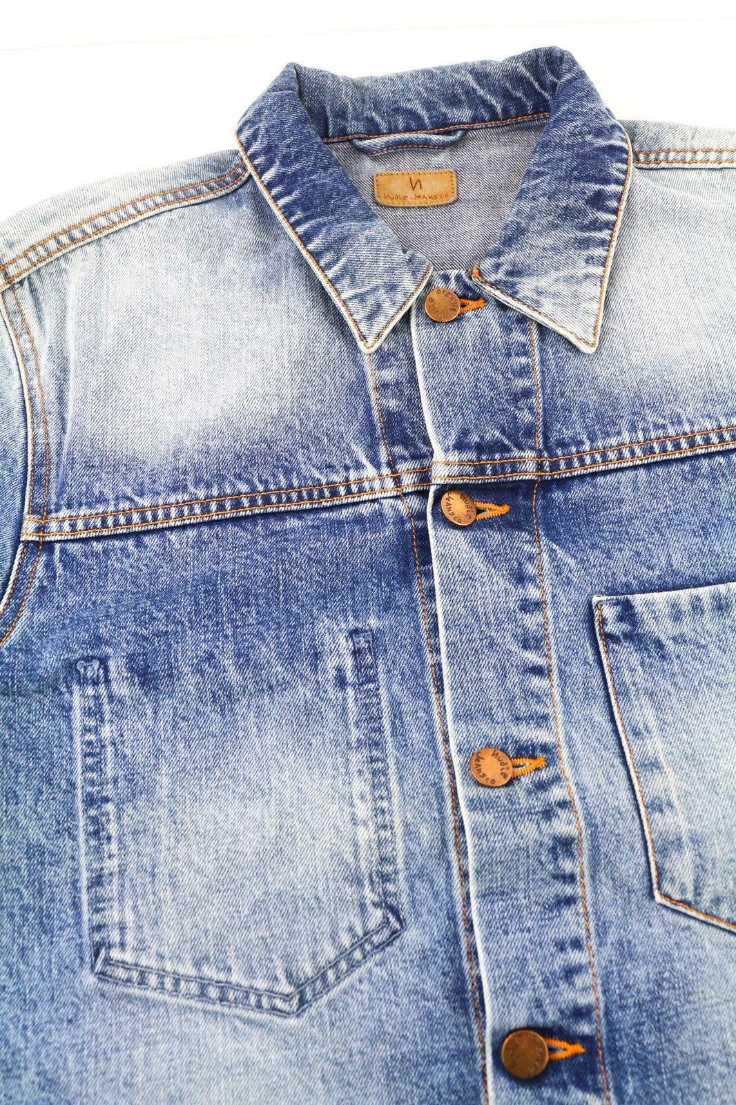 NUDIE JEANS Ronny Rig Bossa Hawk Men's M Faded Blue Denim Polo Jacket