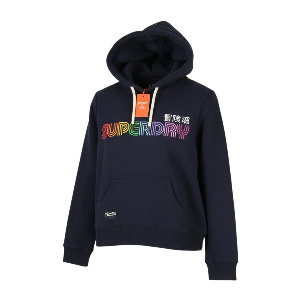 SUPERDRY Rainbow Logo Graphic Women Hoodie EU38 Blue Kangaroo Pocket Pullover