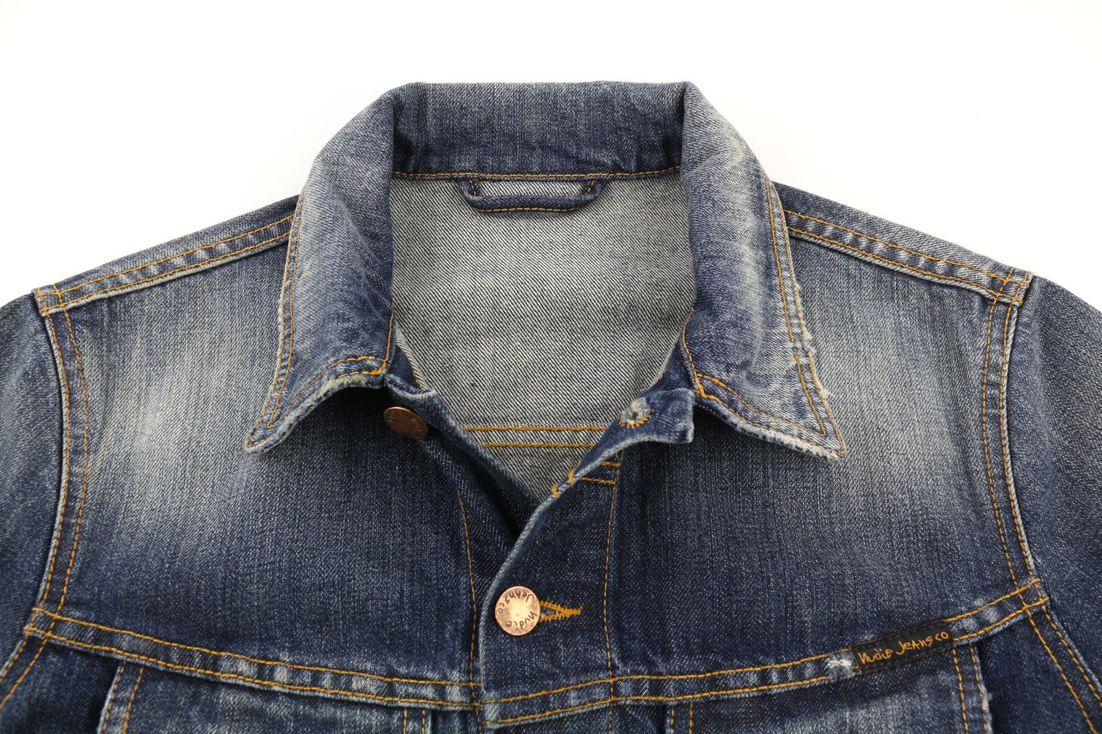 NUDIE JEANS Terry Org. Contrast Men's S Distressed Polo Faded Denim