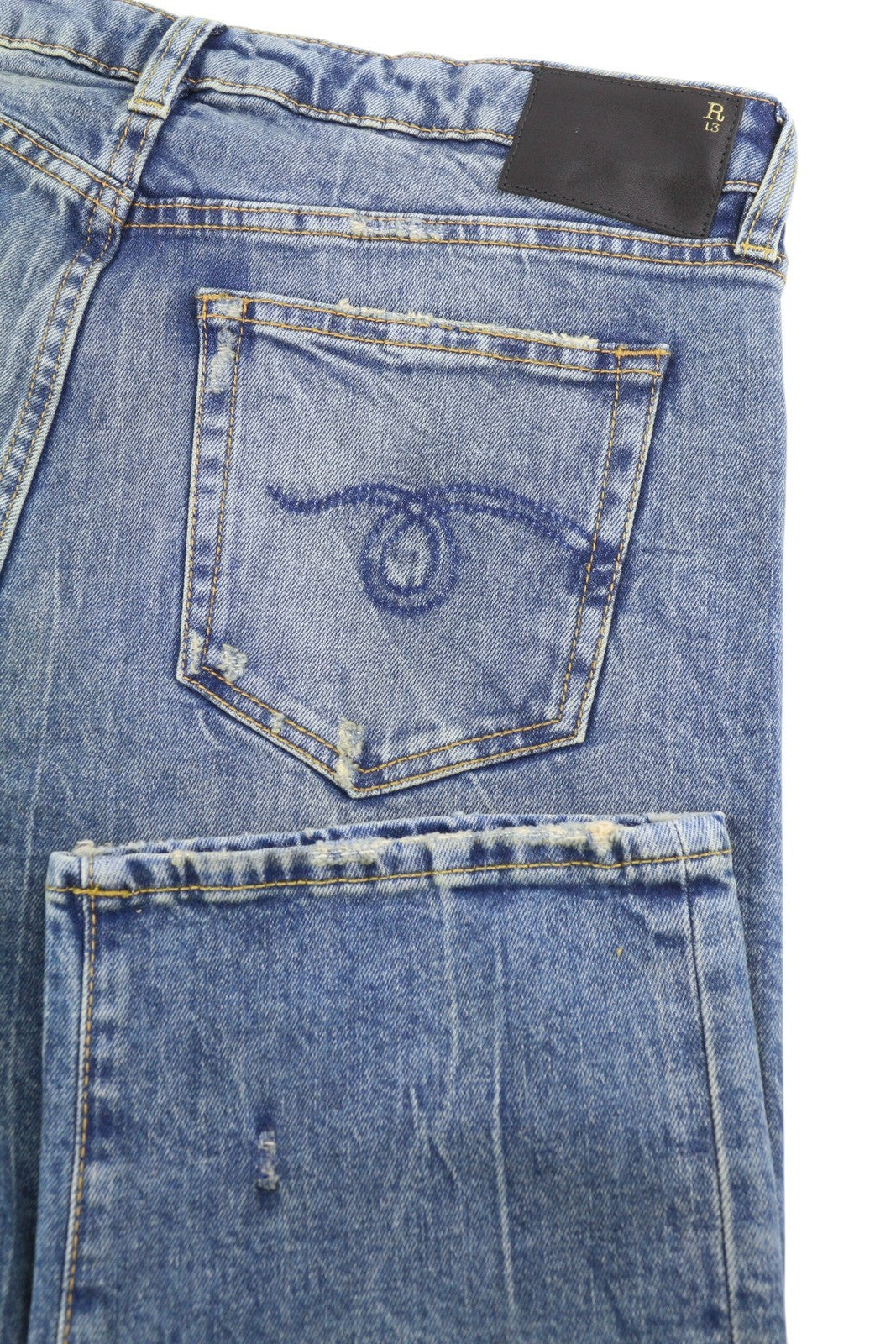 R13 berniukiški tiesūs moteriški džinsai 31 Kelly tamprūs trumpinti skalbtos mėlynos spalvos FW25 RRP699 