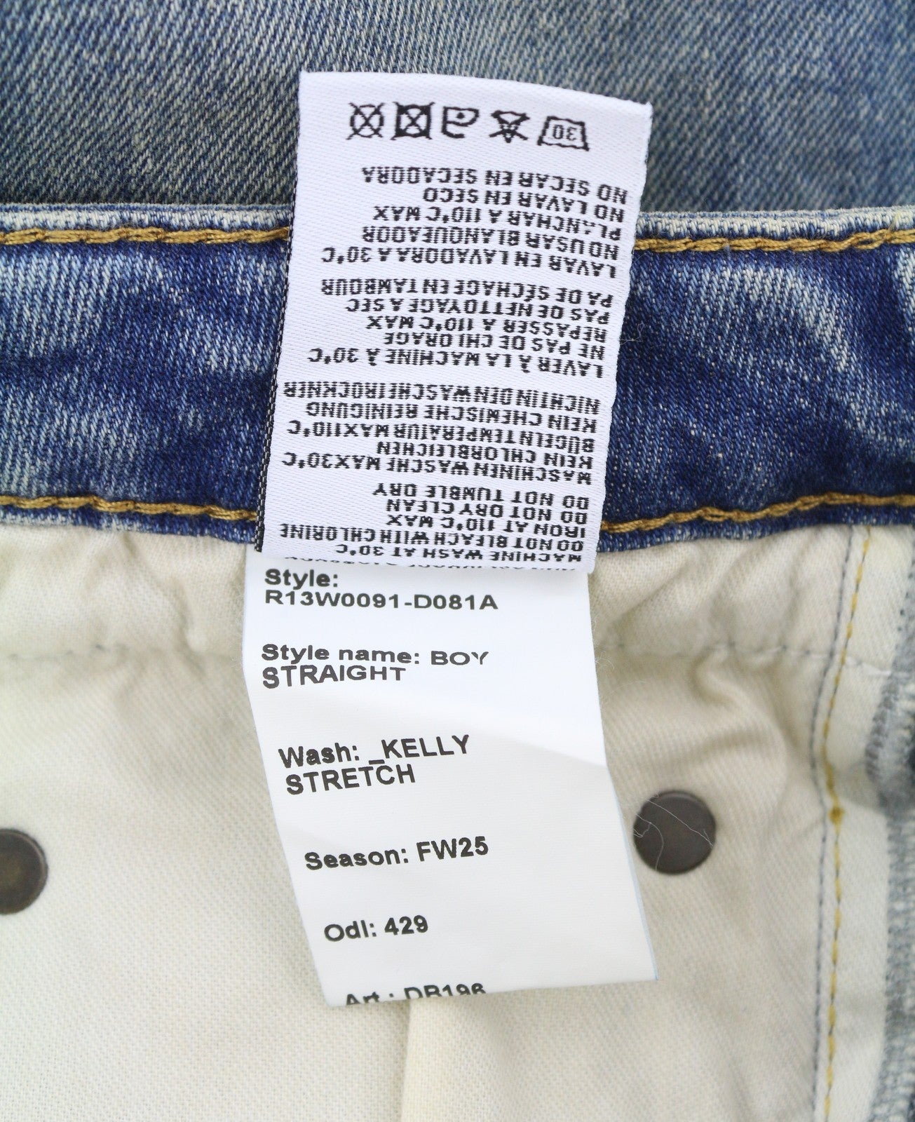 R13 Boy Straight Women Jeans 31 Kelly Stretch Cropped Faded Blue FW25 RRP699