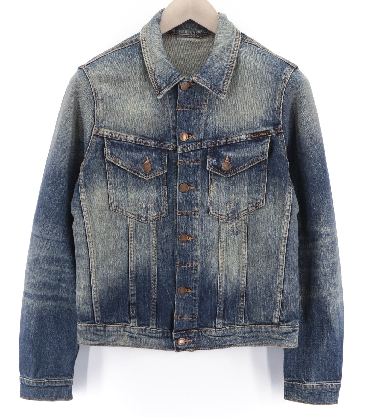 NUDIE JEANS Men's S Blue Distressed Denim Polo Neck Button Jacket