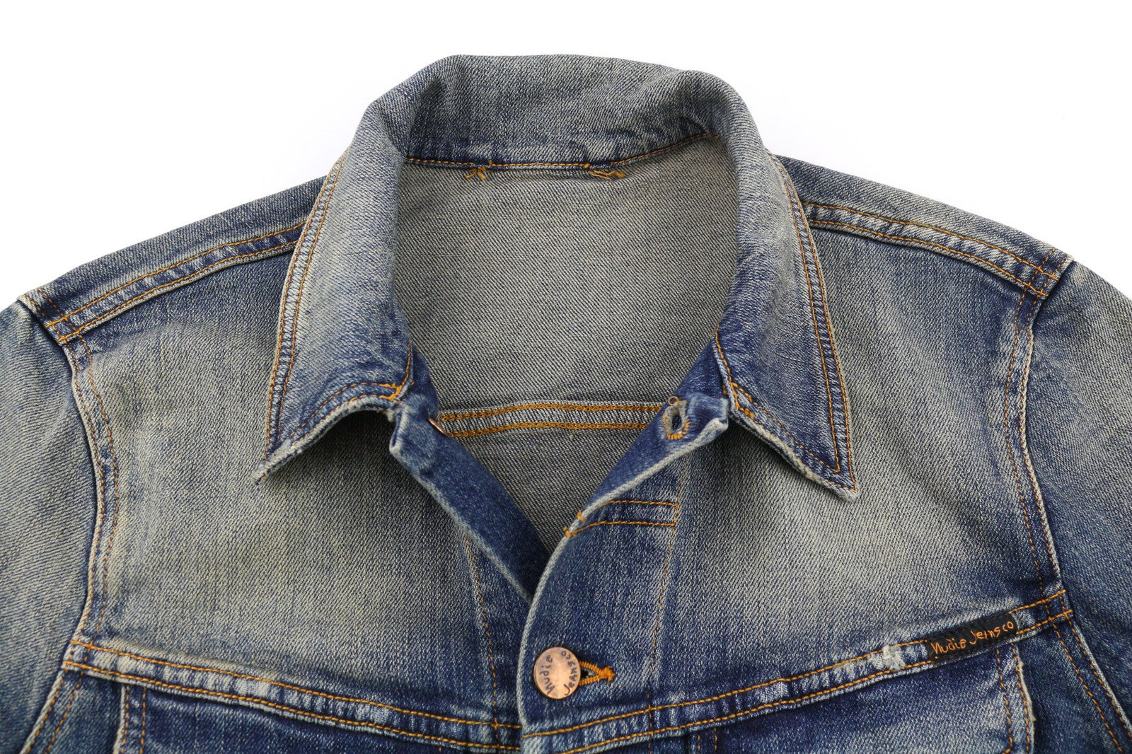 NUDIE JEANS Men's S Blue Distressed Denim Polo Neck Button Jacket