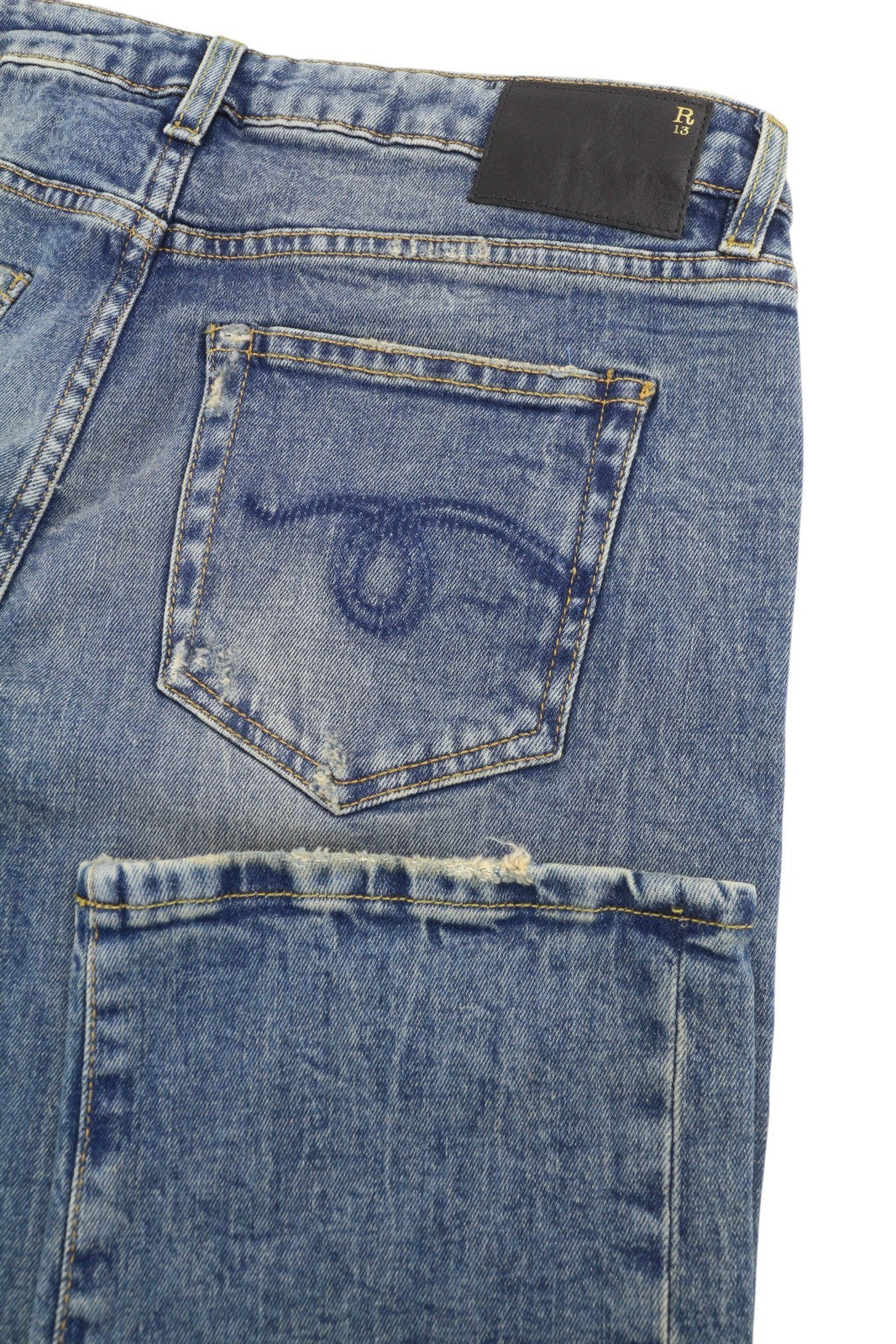 R13 Boy Straight Women Jeans 28 Kelly Stretch Cropped Zip Fly Faded Blue RRP699