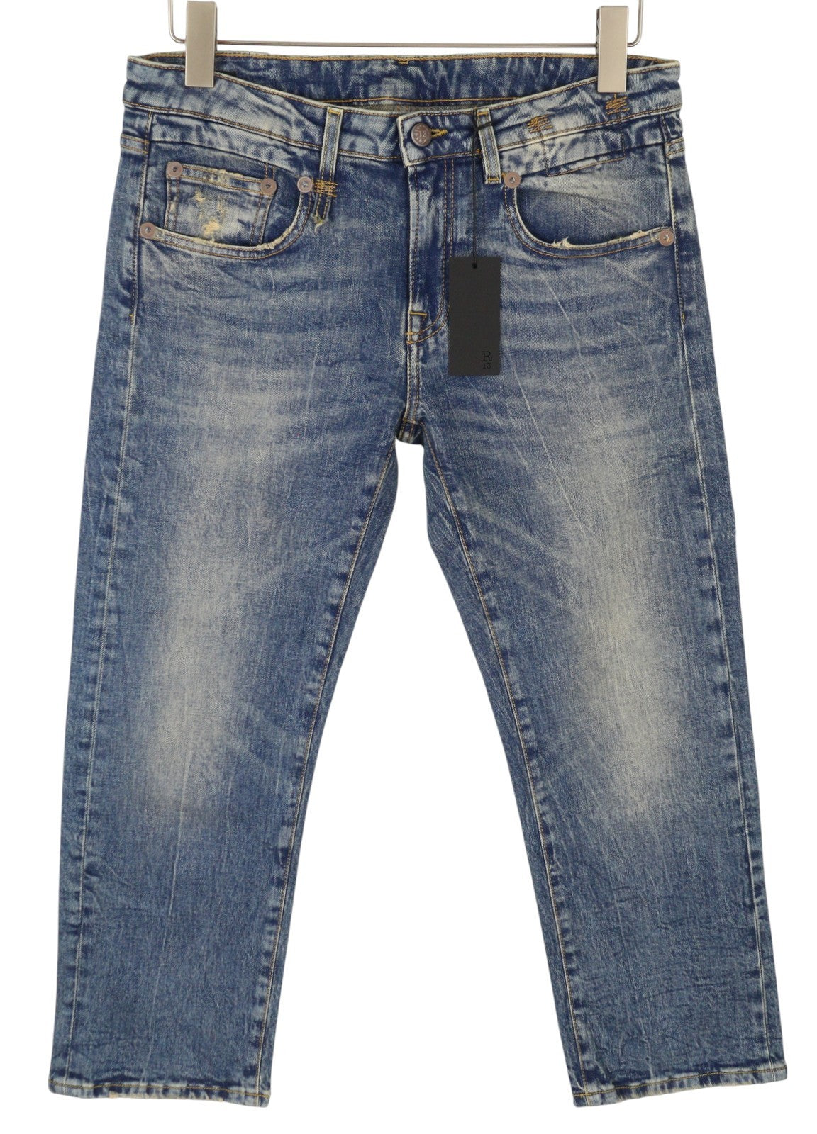 R13 Boy Straight Women Jeans 29 Kelly Stretch Cropped Zip Fly Faded Blue RRP699