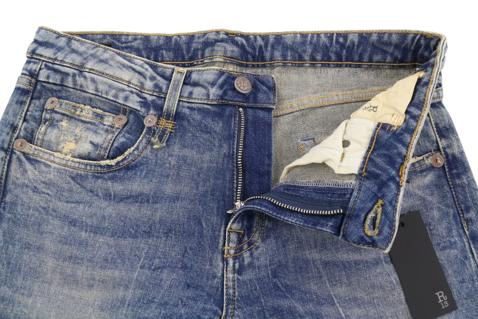 R13 Boy Straight Women Jeans 29 Kelly Stretch Cropped Zip Fly Faded Blue RRP699