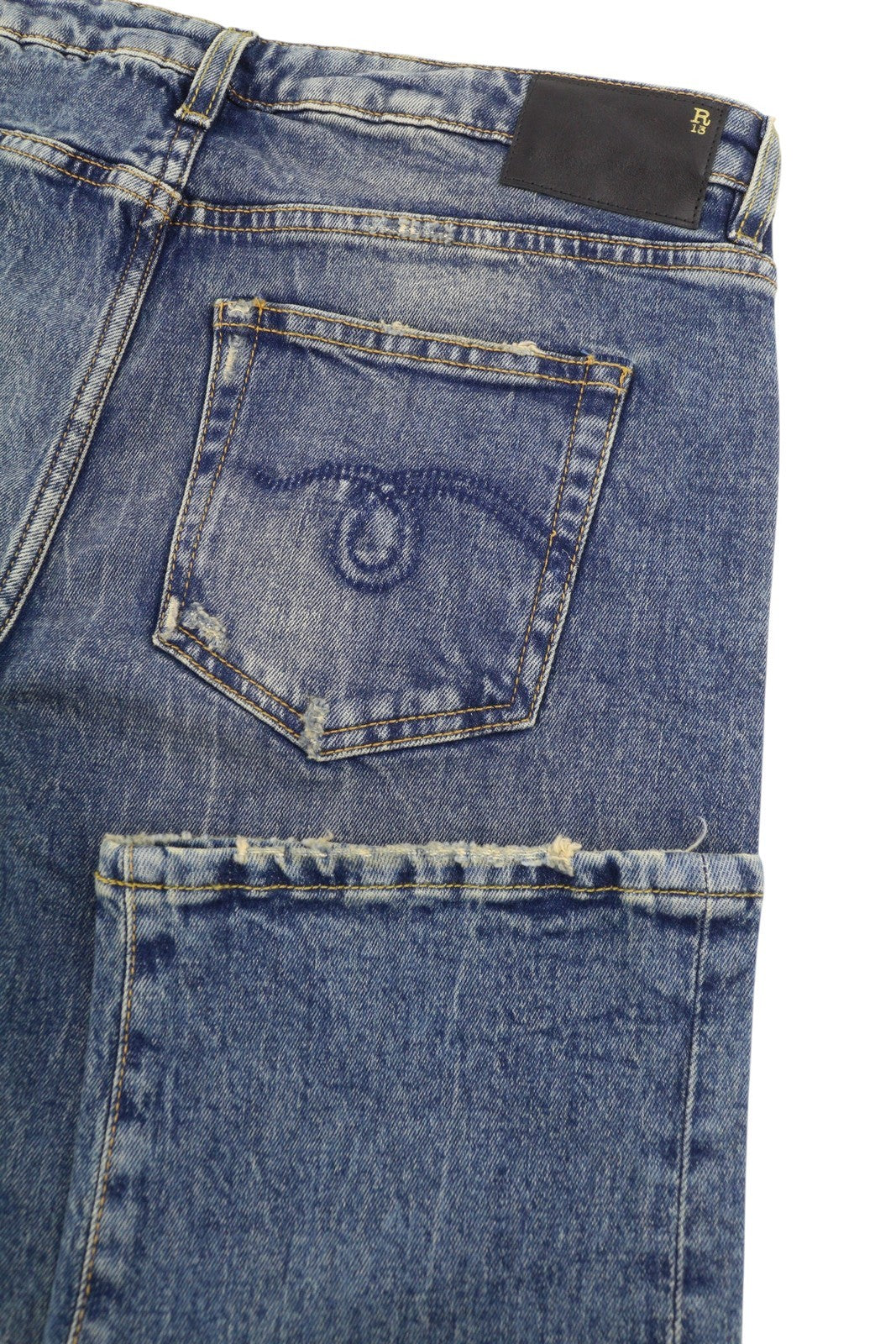 R13 Boy Straight Women Jeans 29 Kelly Stretch Cropped Zip Fly Faded Blue RRP699