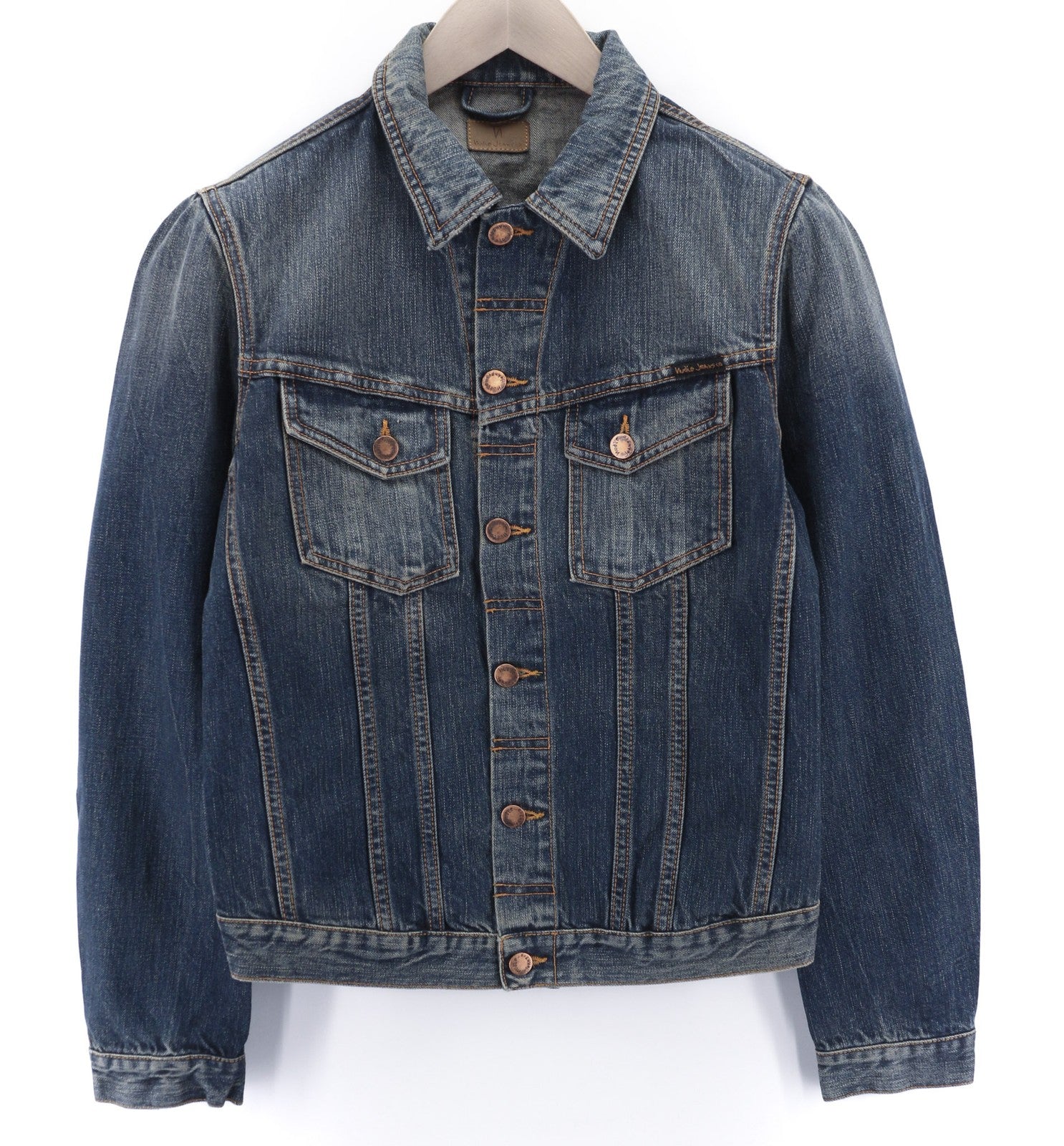 NUDIE JEANS Billy Dark Authentic Men's S Blue Logo Faded Denim Jacket