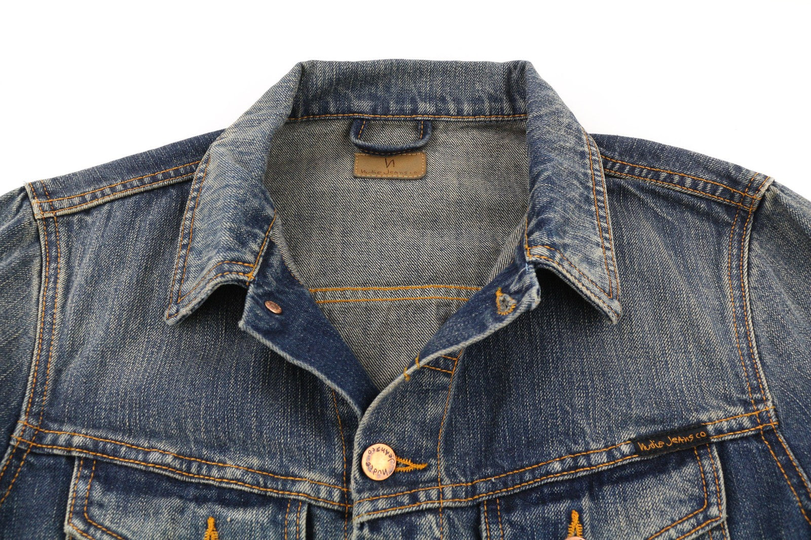 NUDIE JEANS Billy Dark Authentic Men's S Blue Logo Faded Denim Jacket