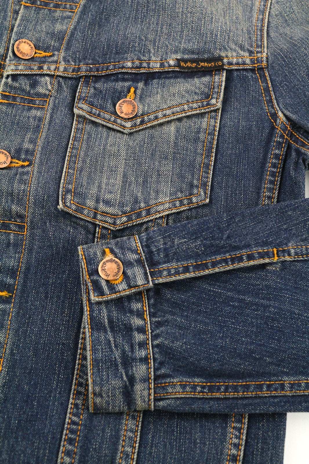 NUDIE JEANS Billy Dark Authentic Men's S Blue Logo Faded Denim Jacket