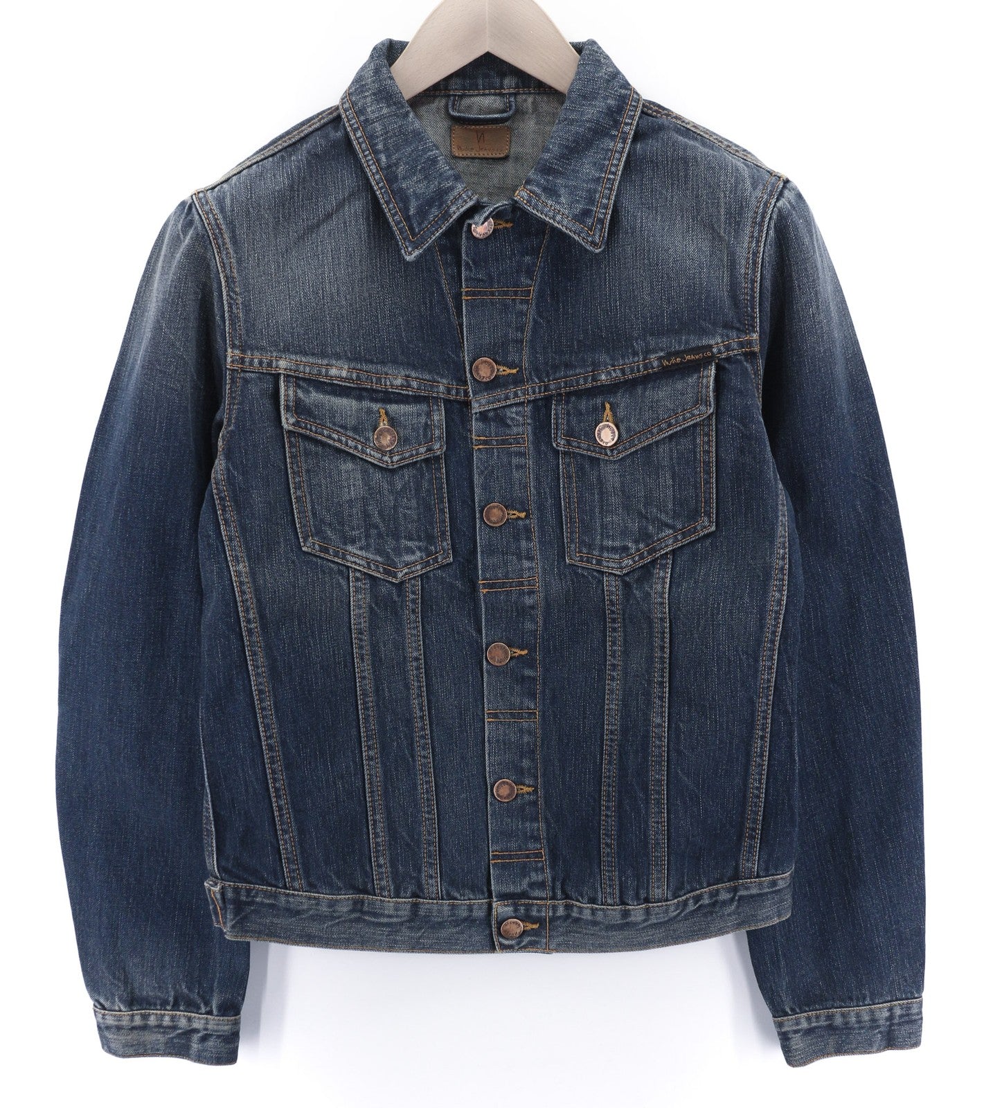 NUDIE JEANS Billy Dark Authentic Men's S Faded Blue Polo Unlined Logo