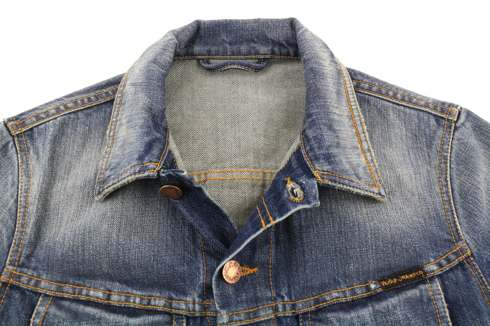 NUDIE JEANS Terry Org. Contrast Men's S Blue Faded Denim Polo Jacket