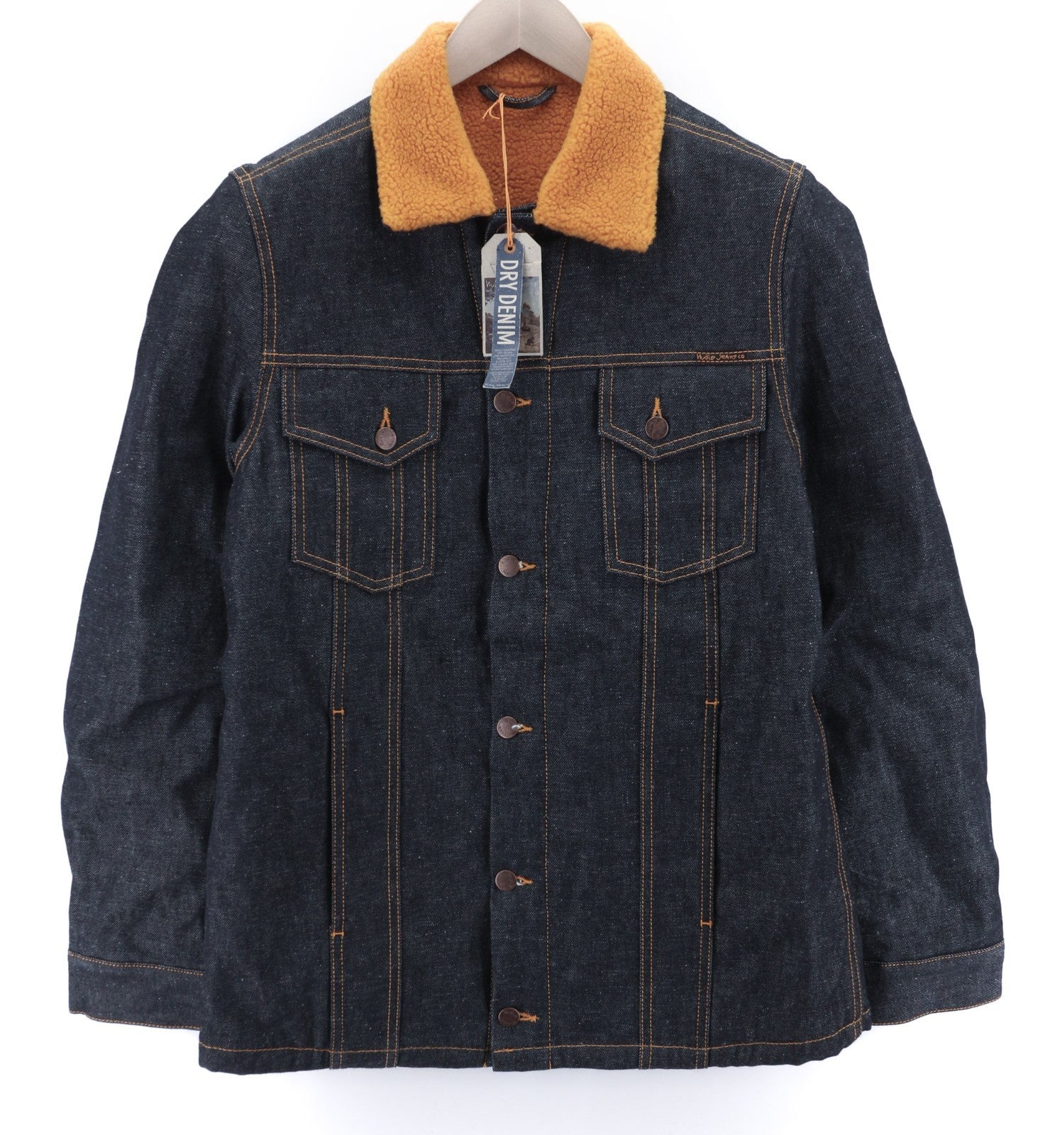 NUDIE JEANS Helmut Orange Pile Men's M Dark Blue Denim Polo Sherpa Jacket