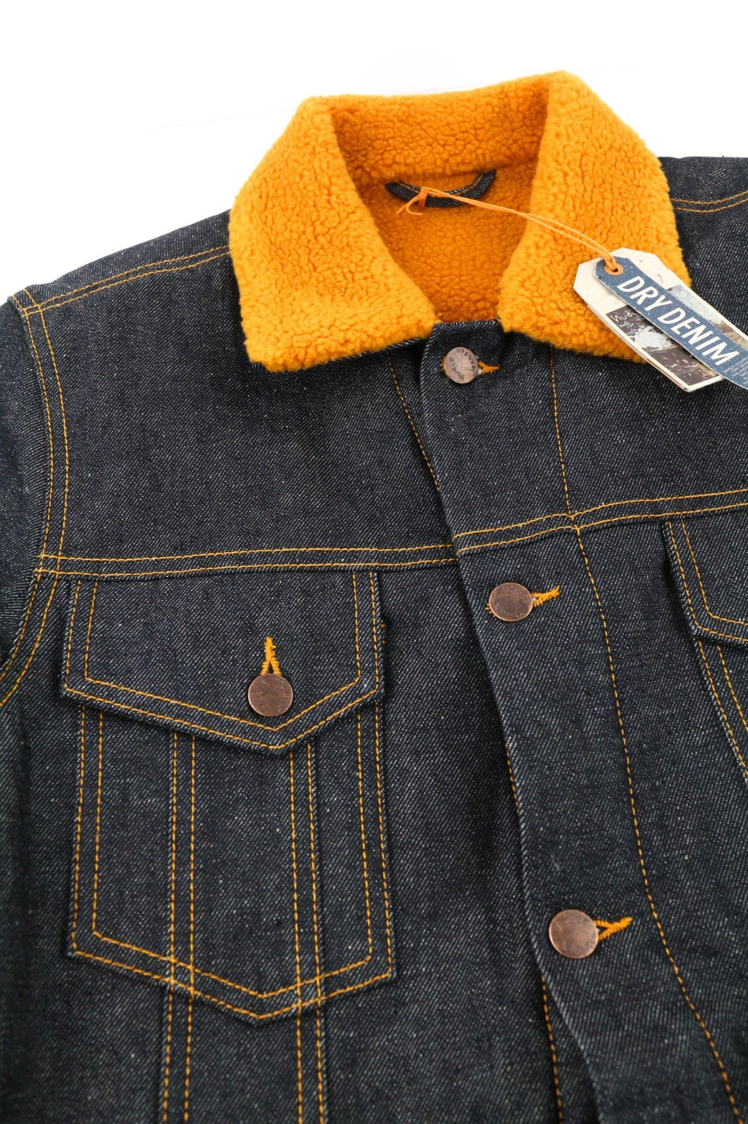 NUDIE JEANS Helmut Orange Pile Men's M Dark Blue Denim Polo Sherpa Jacket