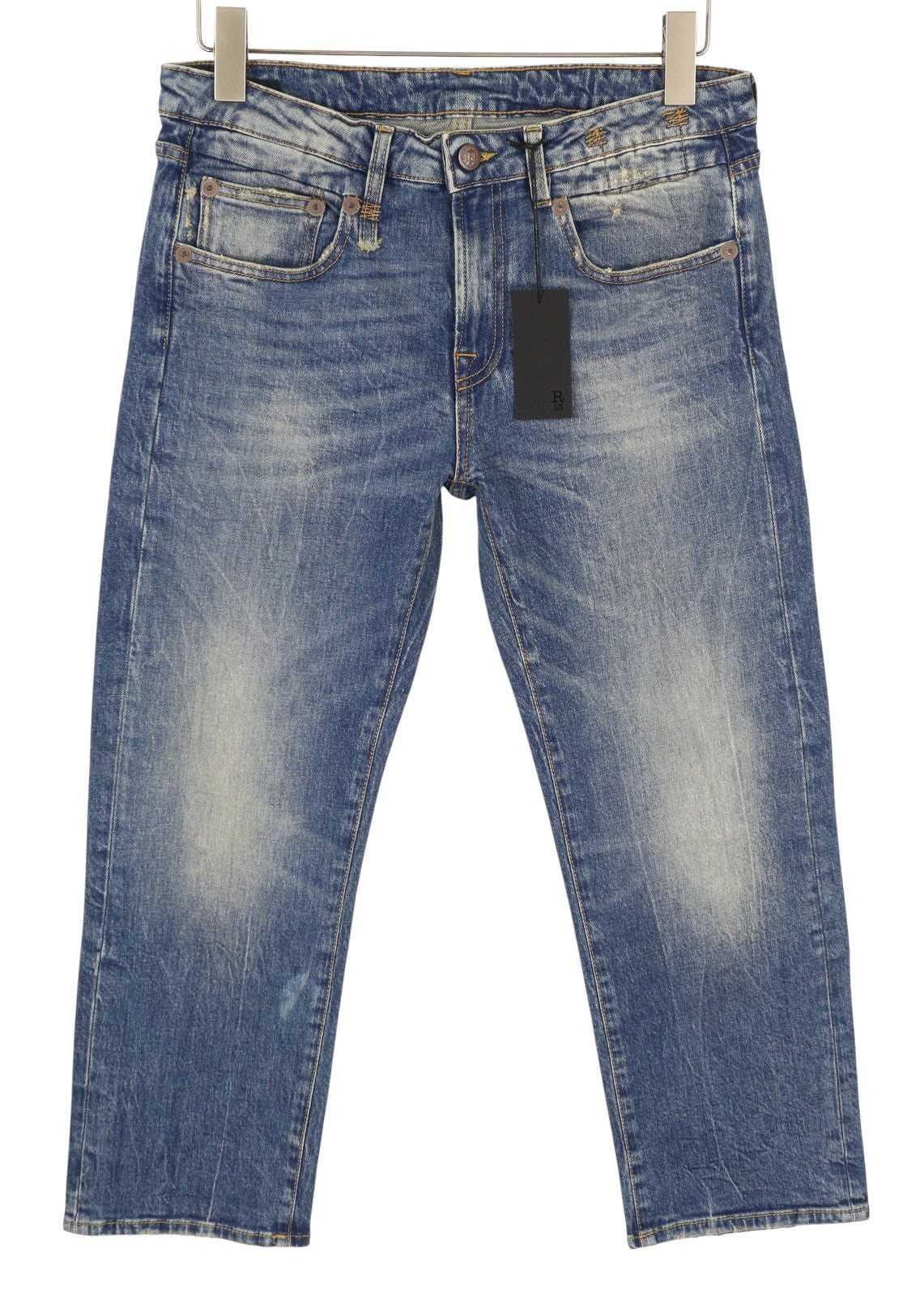 R13 Boy Straight Women Jeans 29 Kelly Stretch Cropped Zip Faded Blue RRP699