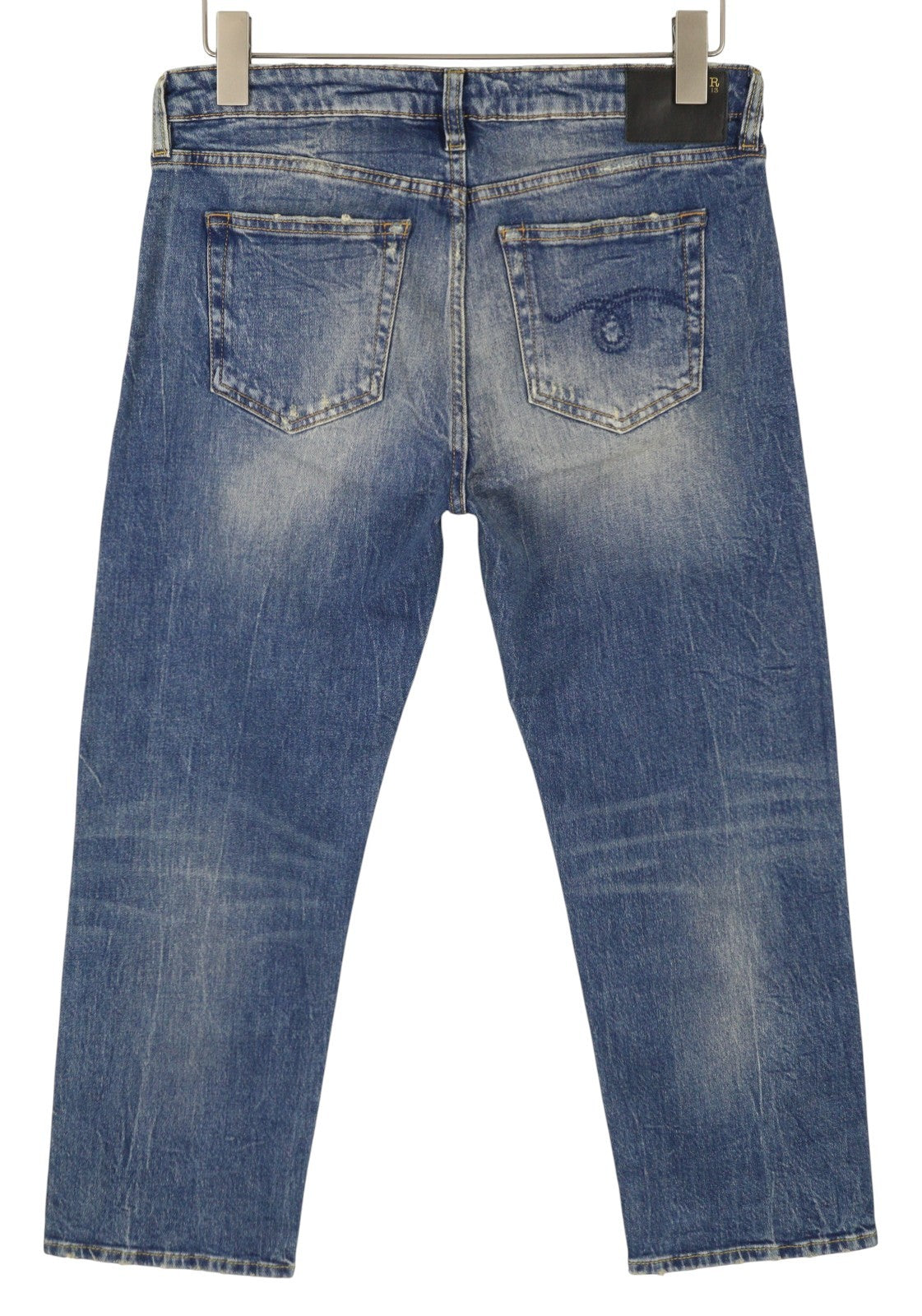 R13 berniukiški tiesūs moteriški džinsai 29 Kelly tamprūs trumpi užtrauktukai blukintos mėlynos spalvos RRP699 