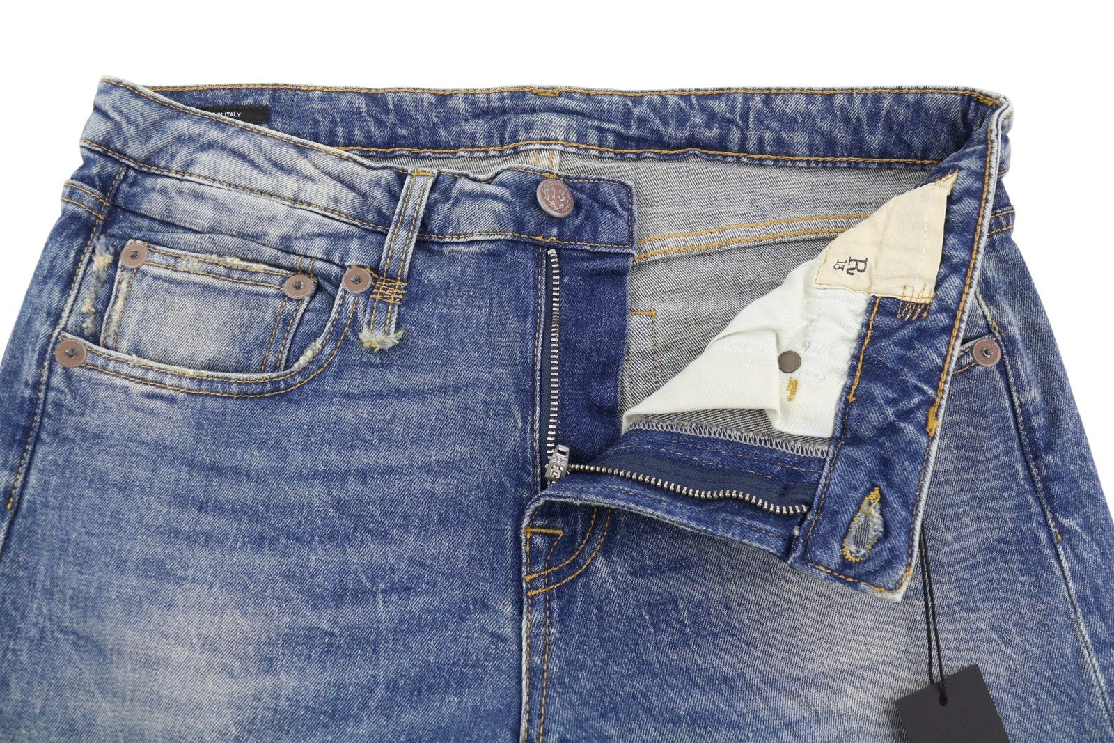 R13 berniukiški tiesūs moteriški džinsai 29 Kelly tamprūs trumpi užtrauktukai blukintos mėlynos spalvos RRP699 