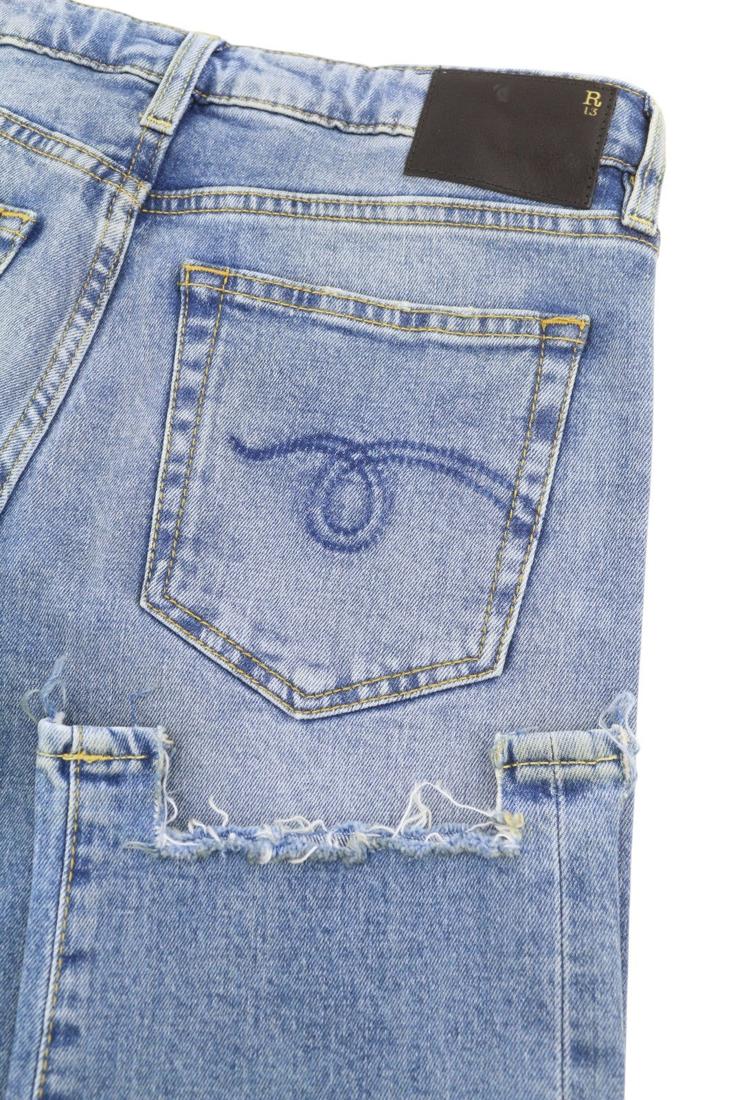 R13 berniukiški tiesūs džinsai su plėšytomis juostomis, 28 dydžio, Jasper tamprūs, žemo liemens, mėlyni, FW25 