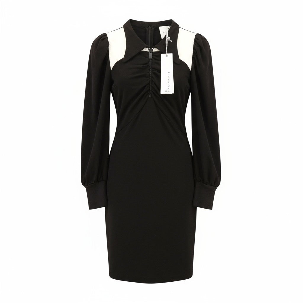 JOHN RICHMOND Women's Dress S Black Puff Sleeve Ruffle Polo Zip Mini Style