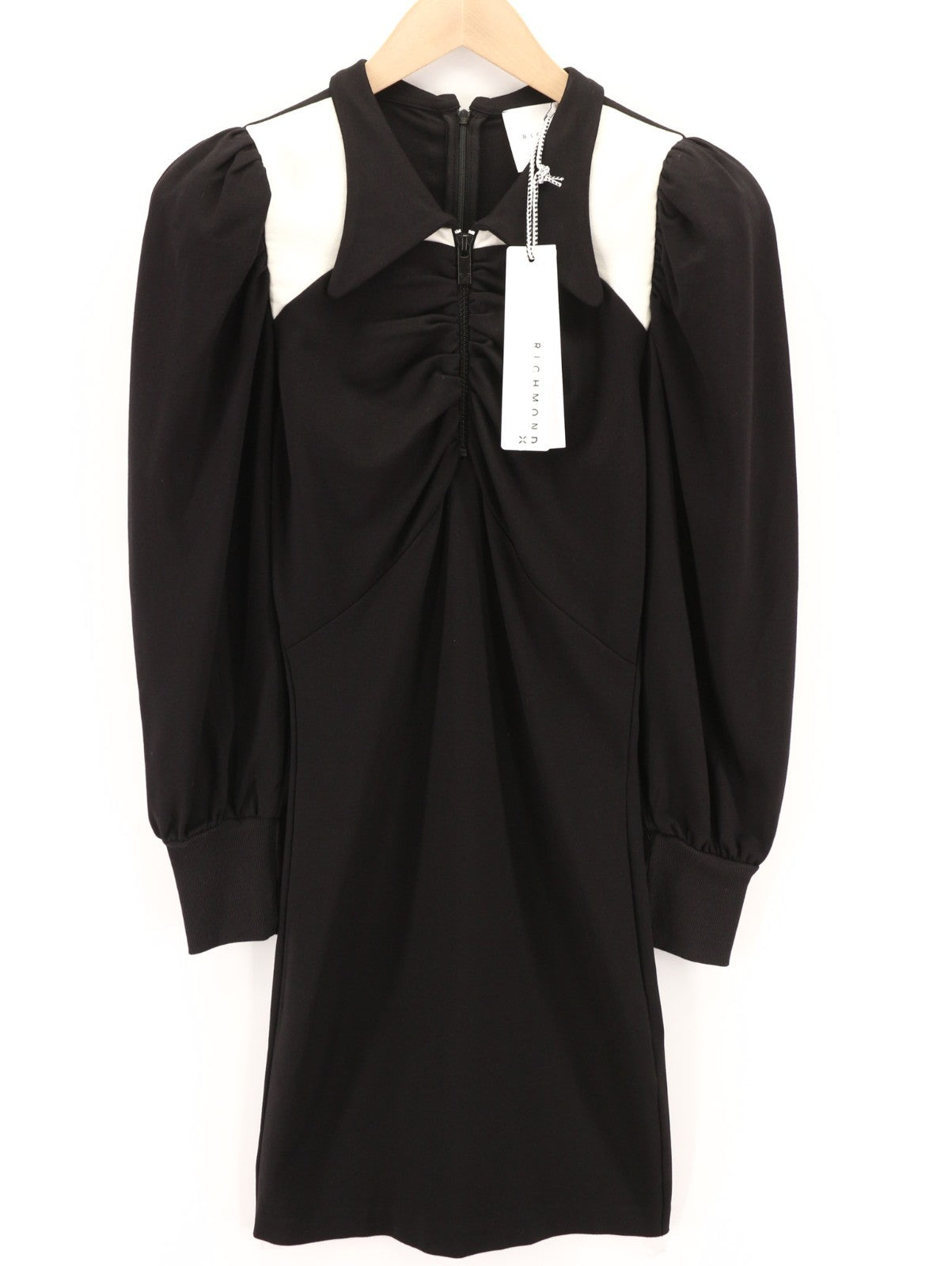 JOHN RICHMOND Women's Dress S Black Puff Sleeve Ruffle Polo Zip Mini Style