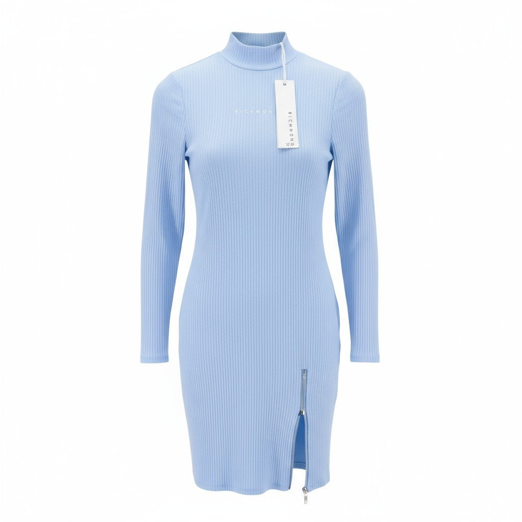 JOHN RICHMOND Women's Dress S Blue Ribbed Cut-Out Long Sleeve Logo Zip Mini